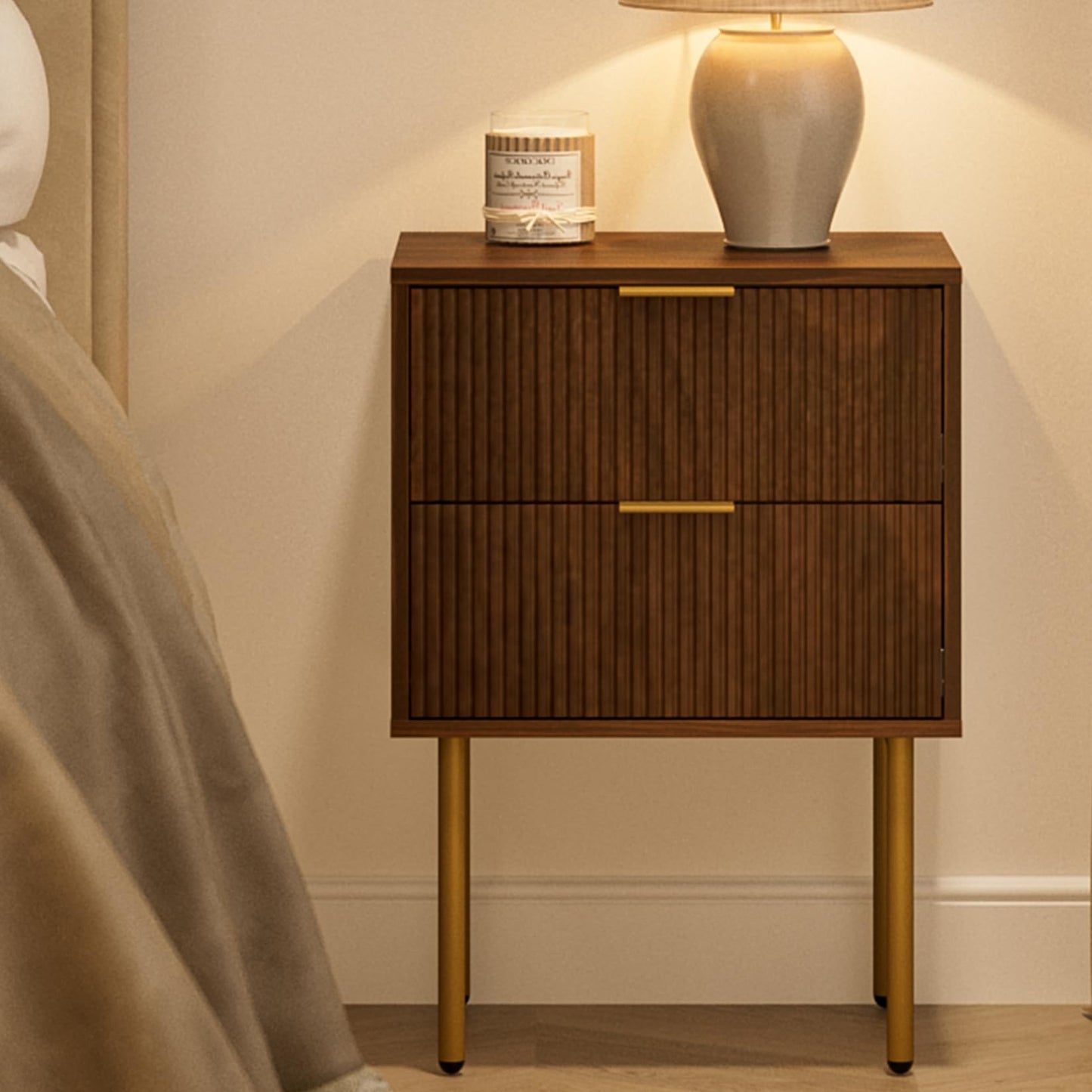 Masupu Night Stand,Mid-Century Modern Bedside Table with 2 Storage Drawer,Small Gold Frame Side End Table for Bedroom,Living Room, Walnut