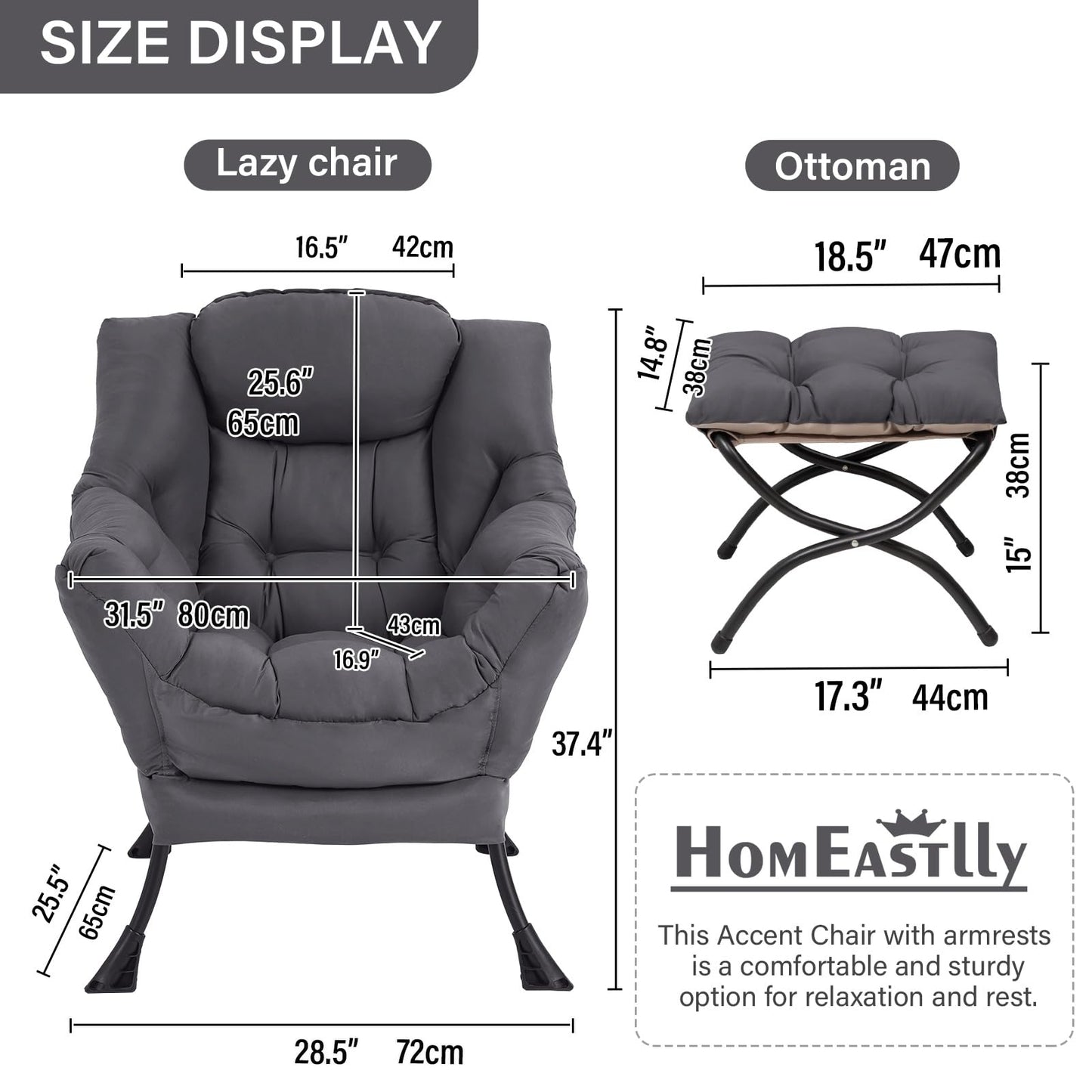 HomEastlly Lazy Chair with Ottoman, Large Dark Grey Accent Chair with Ottoman, Comfy Reading Armchair, Leisure Sofa Chair for Living Room, Bedroom, Dorm Room, Office