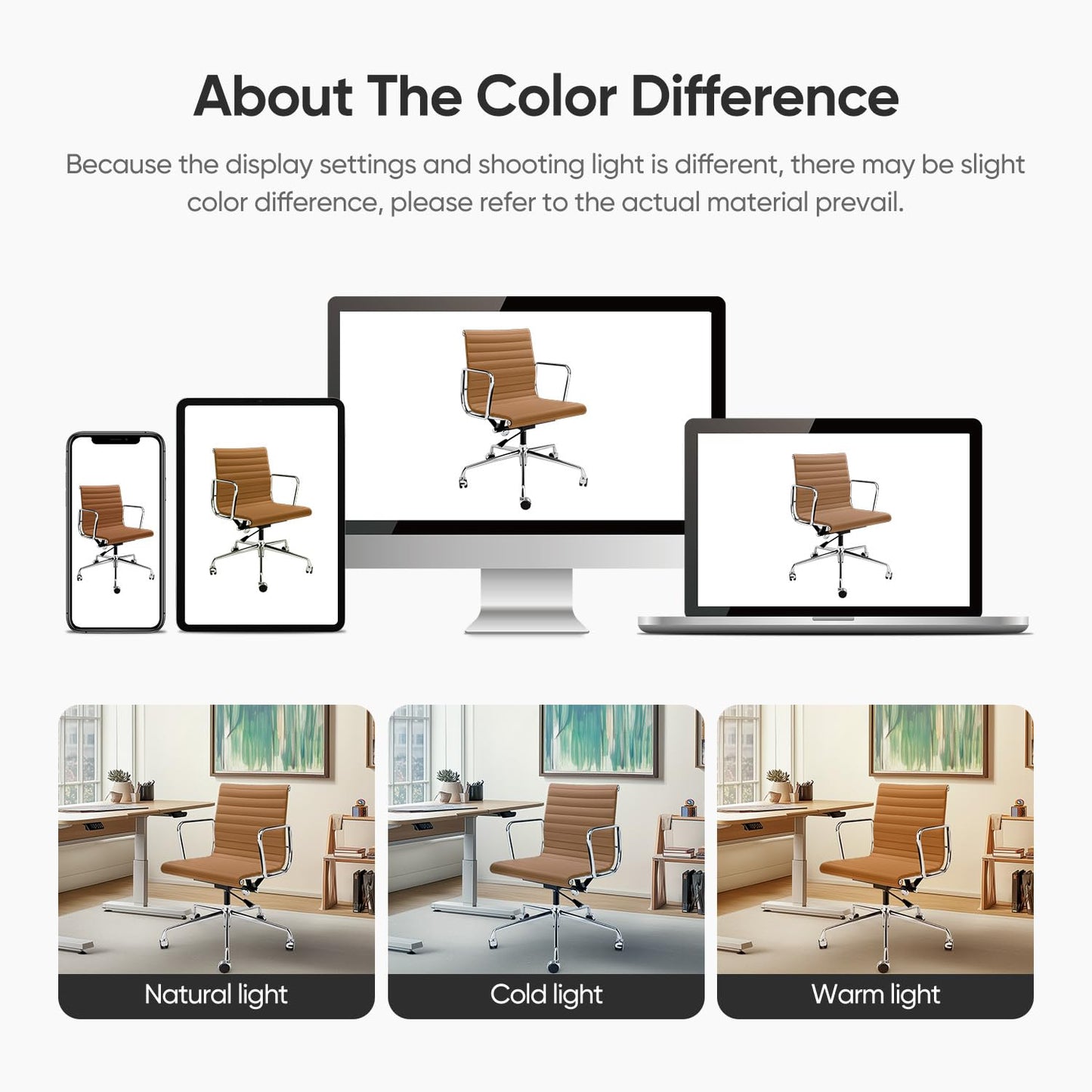 OTDMEL Ribbed Office Chair with Top Grain Leather - Mid Back Ergonomic Desk Chair with Aluminum Arms & Frame, Swivel Wheels & Tilt Function, Adjustable Height Light Brown, Mid-Back