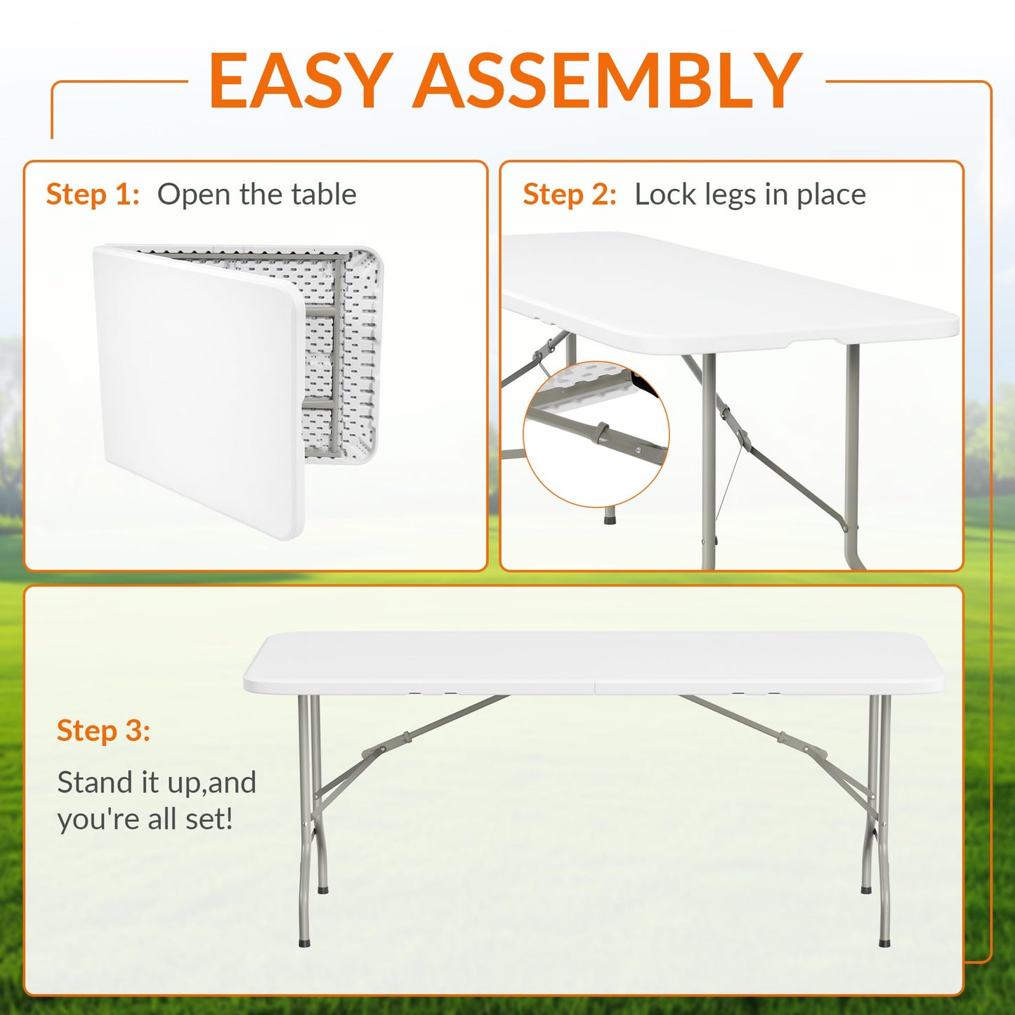 Elevon Folding Table Set with 8 White Folding Chairs,6 Feet Heavy Duty Fold-in-Half Utility Table Sets for Picnic, Event, Training, Outdoor Activities, at Home and Commercial Use