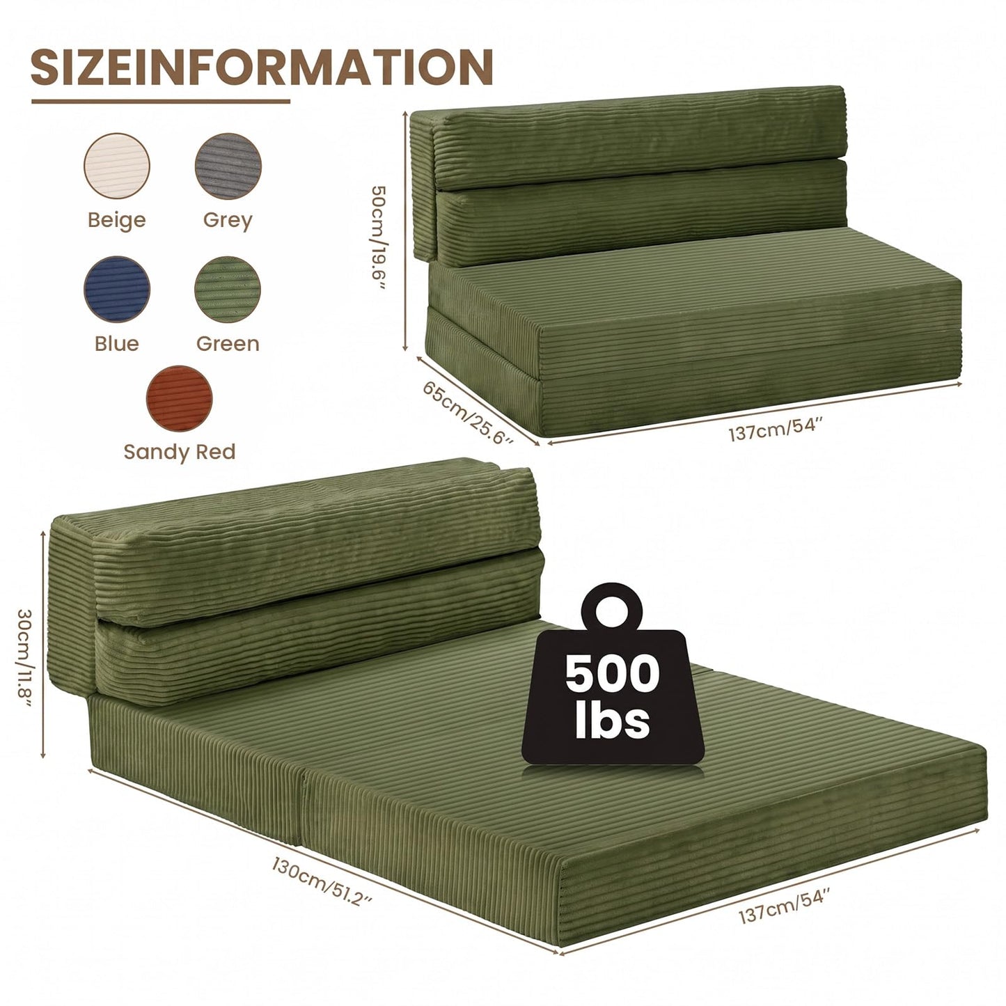 JUIKURY Folding Sofa Bed, Convertible Sleeper Chair with Pilow Foldable Matress, 2 in 1 Pull Out Loveseat Sofa Portable Fold Out Chair Bed Floor Couch Lounge for Living Room (Green, Full)