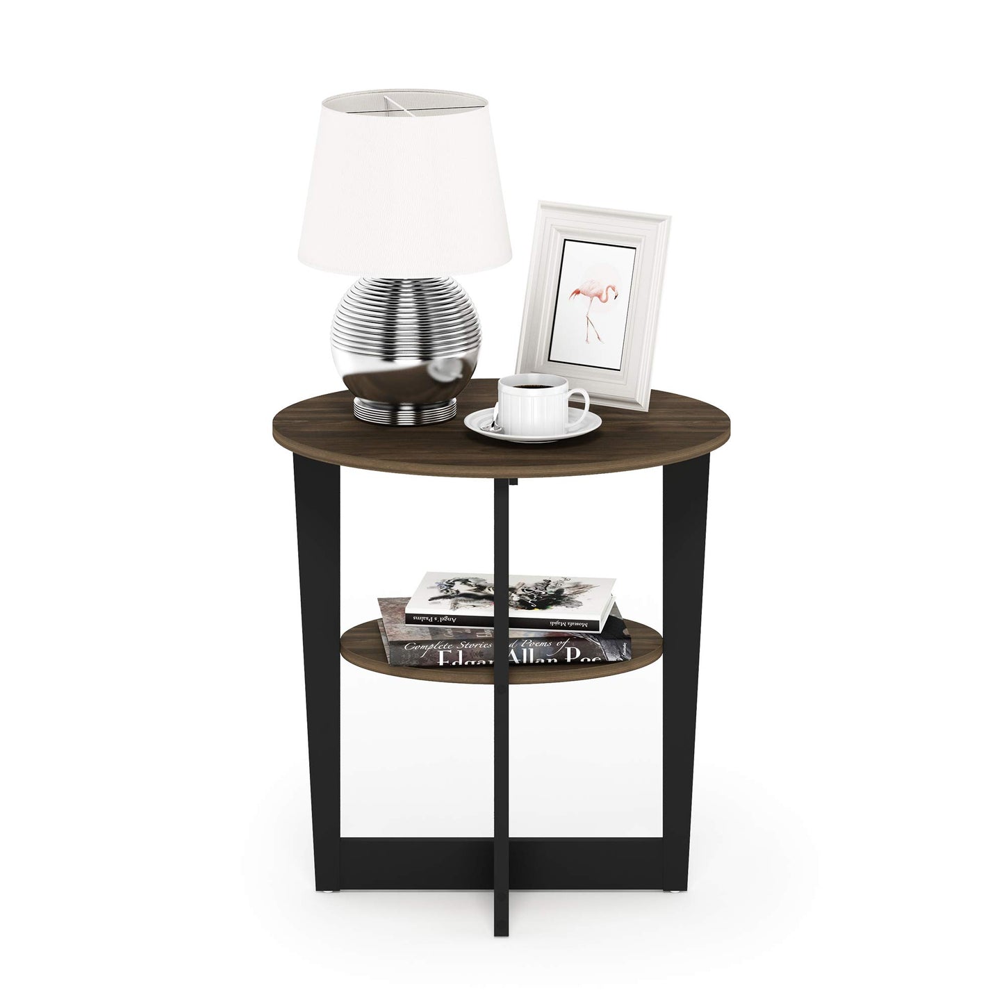 Furinno JAYA Side Table, 2-Tier Round Modern End Table with Oval Tabletop, Night Stand, Bedside Table with Open Shelf, for Living Room, Bedroom, Columbia Walnut