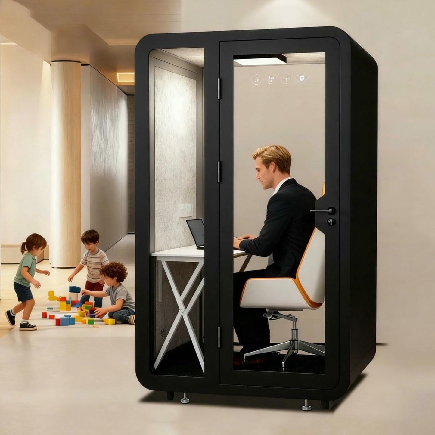 Portable Booth Modern Privacy Pod, Movable Room for Work, Office Sound Booth with LED Lighting and Desk, Modular Privacy Separate Room