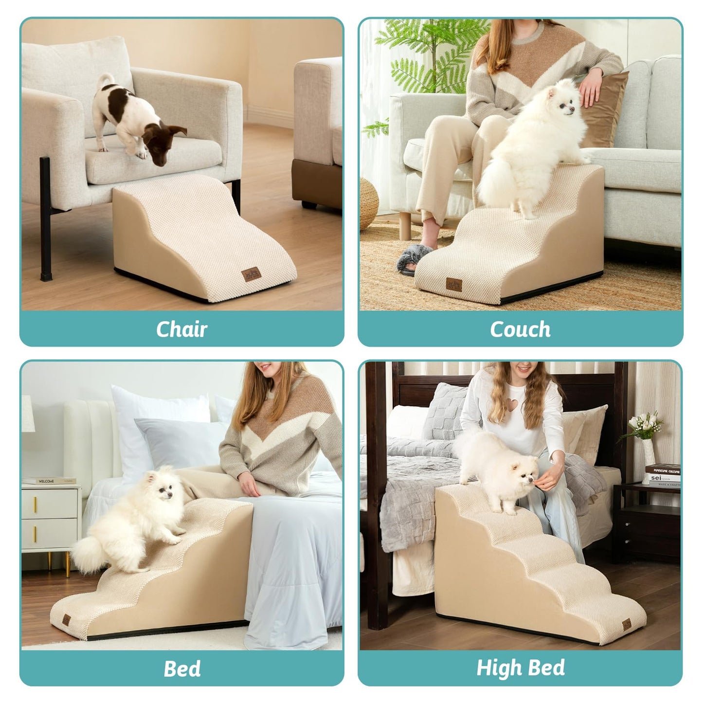 COZY KISS Dog Stairs for Small Dogs 15.7" H, Curved Dog Step for Puppy, Older Cat, Medium Pet Ramp for Sofa, Couch or Chair, Ladder with High Density Foam, 3 Step, 15.7x22.4x15.7 inch, Beige