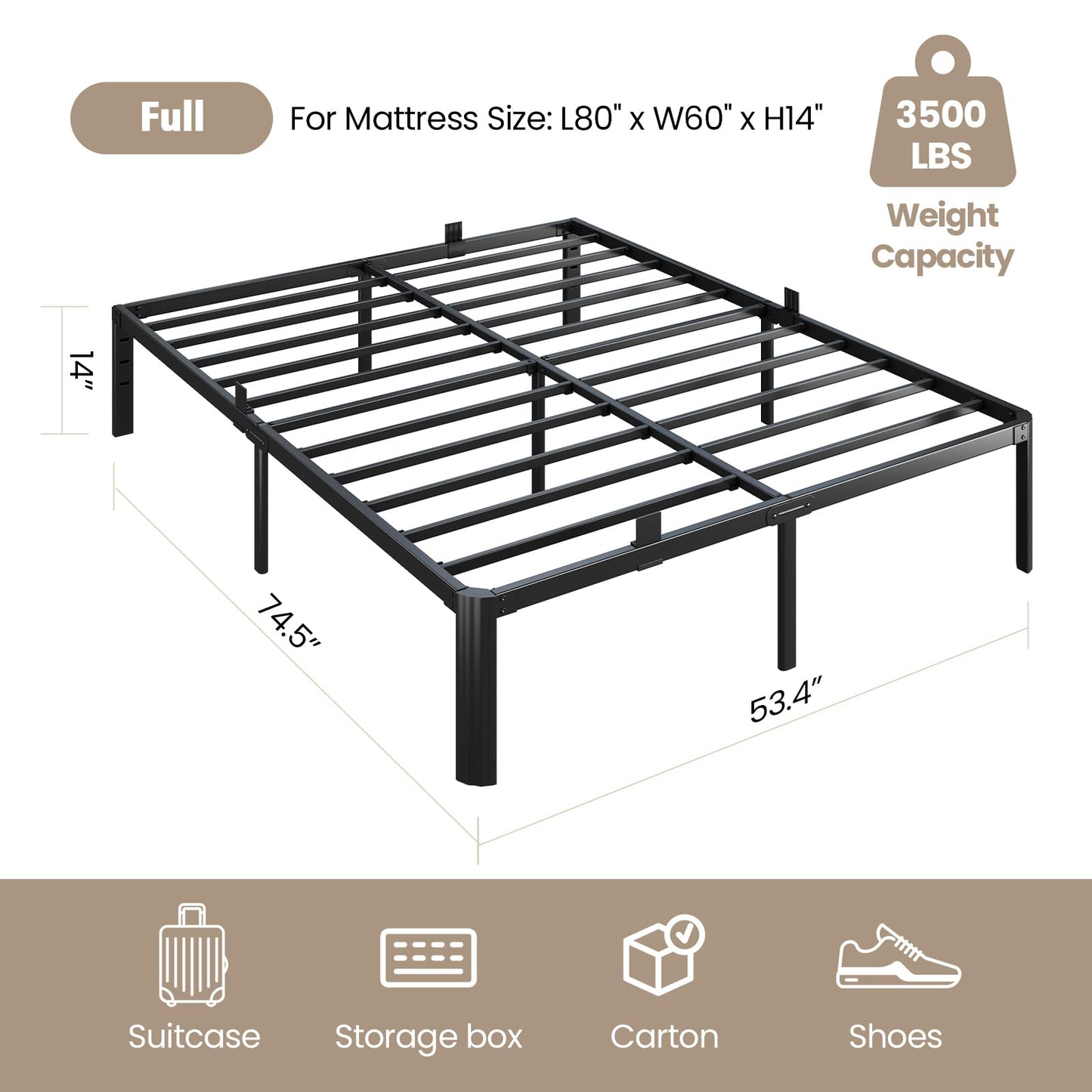 Metal Bed Frame Full Size, 14 Inch 3500 lbs Heavy Duty Platform Bed Frames Steel Slats Noise Free No Box Spring Needed, Easy Assemble Sturdy Bedframe Rounded Corner with Storage and Mattress Retainers