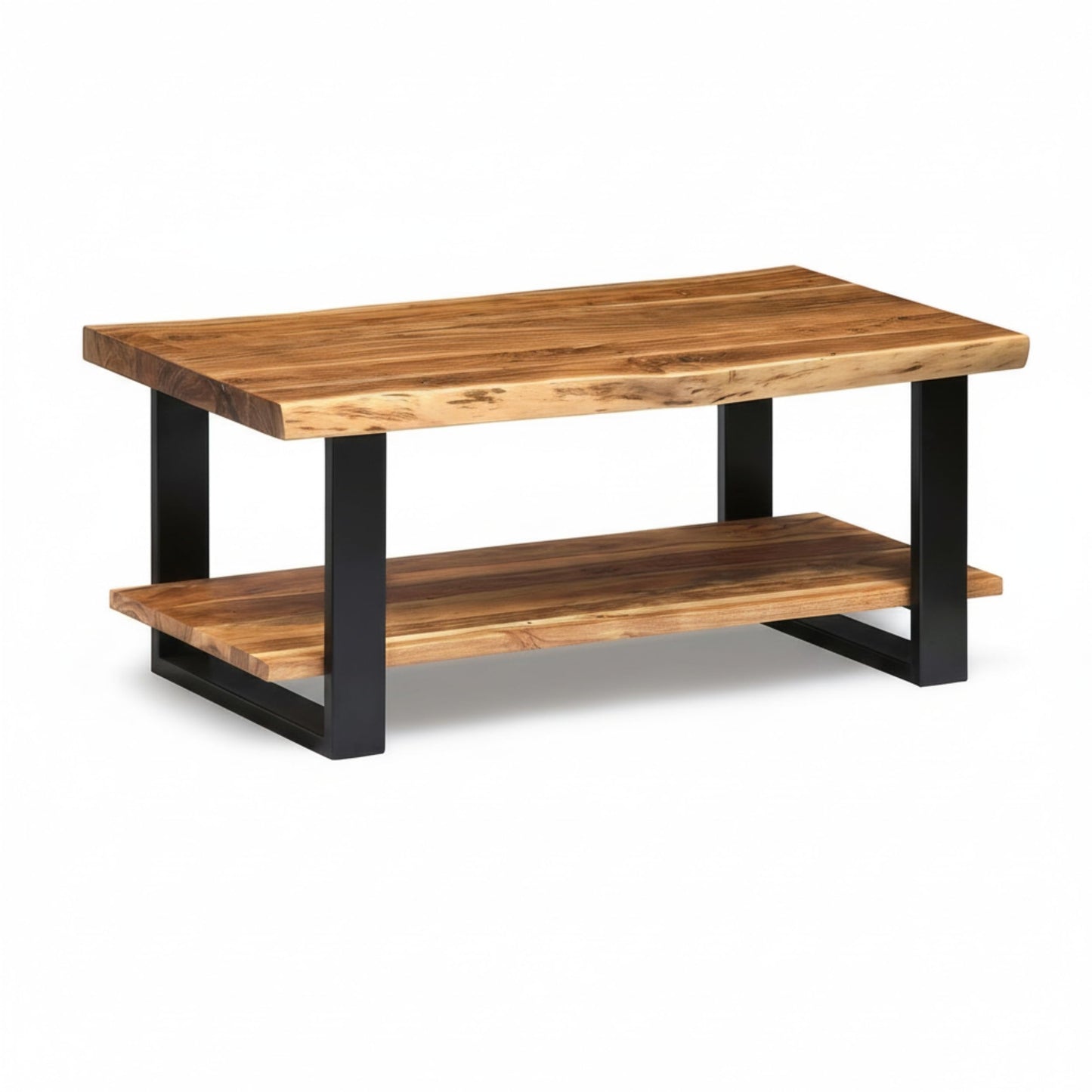 Alaterre Furniture Alpine 2-Tier Live Edge Coffee Table – 42" Solid Acacia Wood with Natural Finish, Lower Shelf Storage and Metal Frame – Rustic Industrial Style for Living Room or Home Office