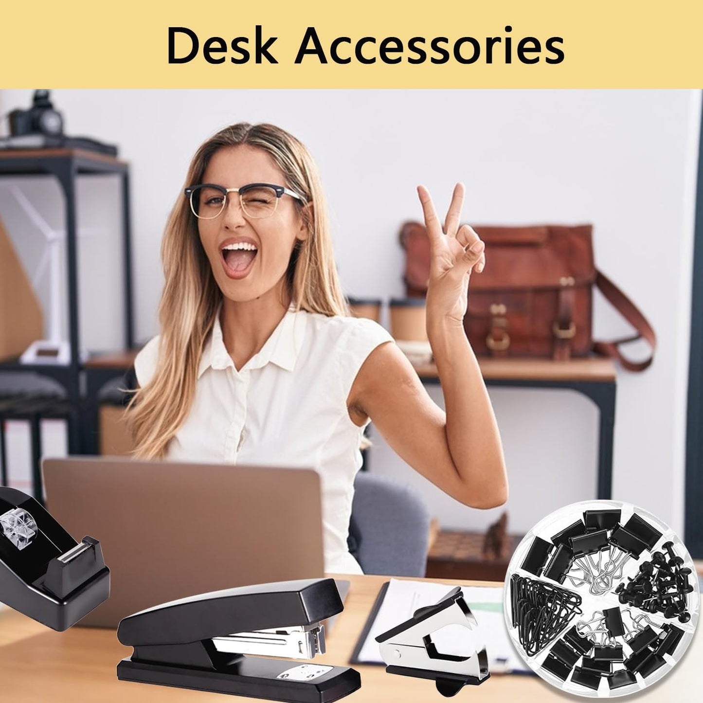 Office Supplies,Black Desk Accessories,Office Supplies Set,Stapler and Tape Dispenser Set,Scissors,Staple Remover,Binder Clips,Staples,Ballpoint Pen,Index Tabs with Ruler,Clear Tape.9pcs for Office