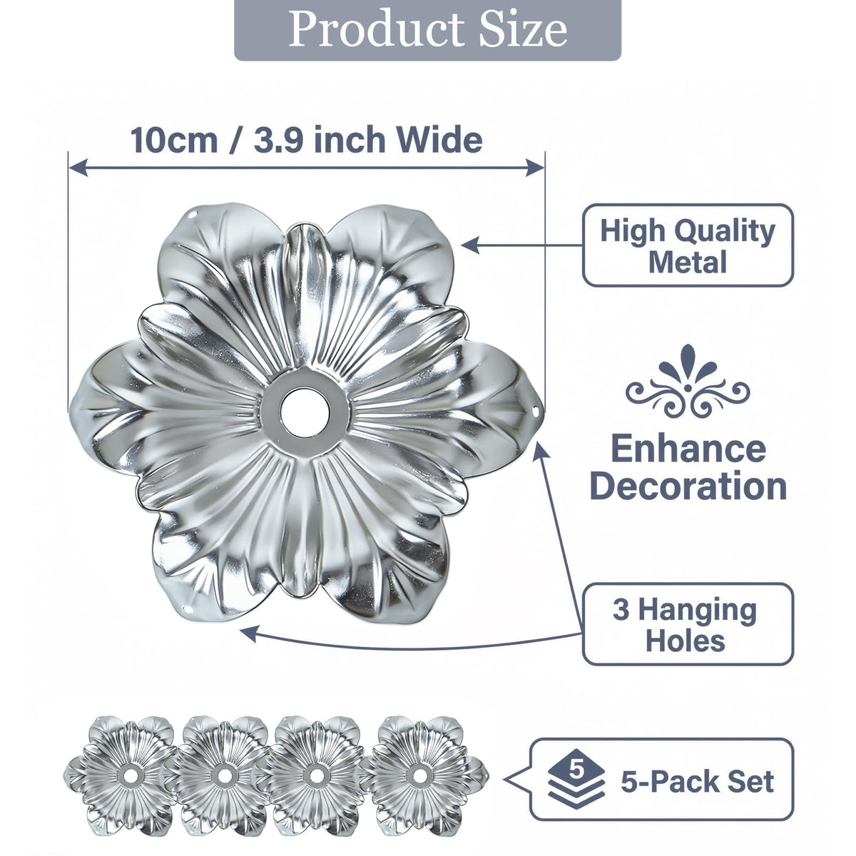 5 Pcs Metal Flower Candle Holder Leaves, 4.3 Inch Metal Candle Stand Accessories with 3 Hanging Holes for Crystal Pendants, Suitable for Candlesticks and Candelabra (Silver, 3.9"-5pcs)