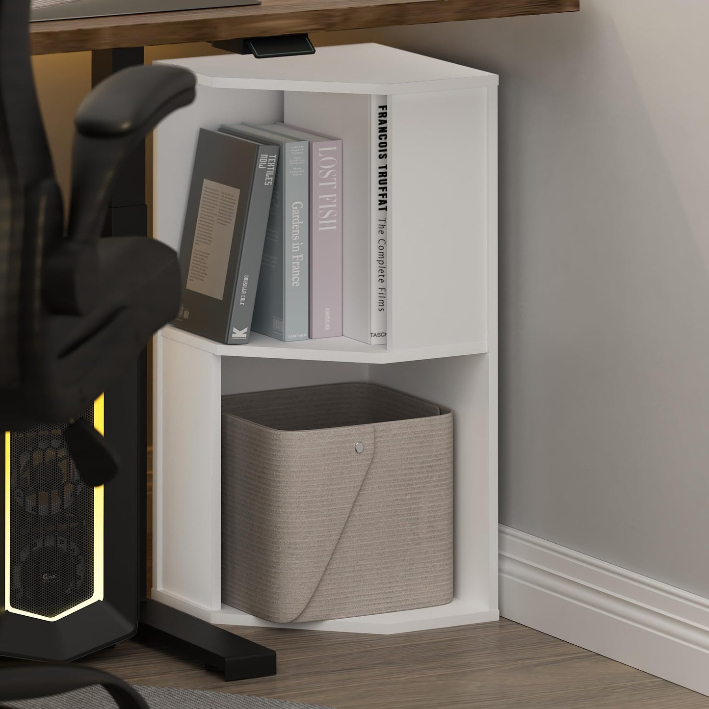 Furinno ECON Corner Shelf, 2-Tier Corner Book Shelf, Standing Storage Shelves, Cube Display Rack, Bookshelf, for Organization and Storage, Living Room, Home Office, Plain White