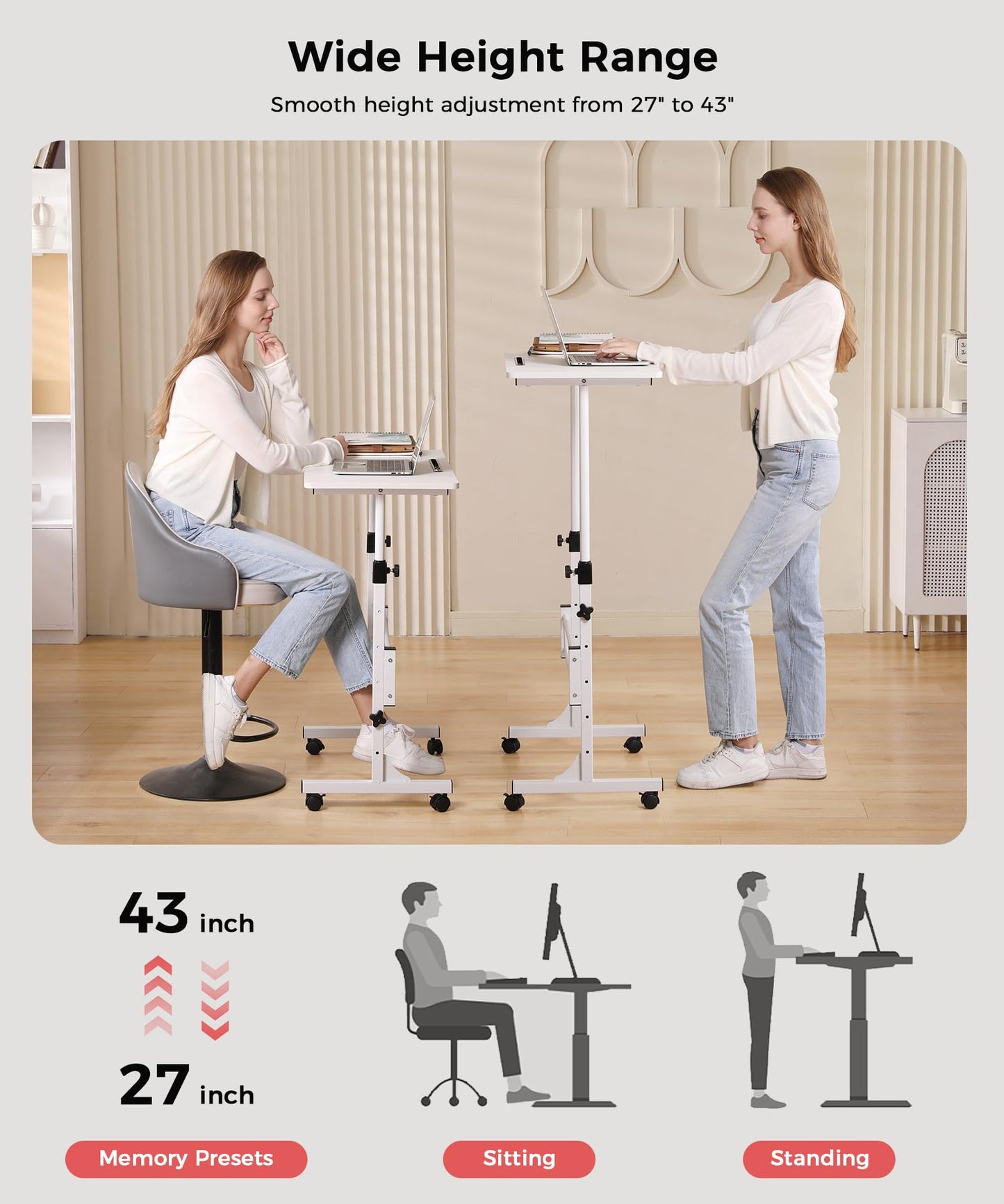 KLSMYHOKI Standing Desk Adjustable Height, Mobile Stand Up Desk with Wheels Small Computer Desk Rolling Desk, Portable Laptop Desk White Standing Table Home Office Desks 16"x31.5" Height 27"-43.5"