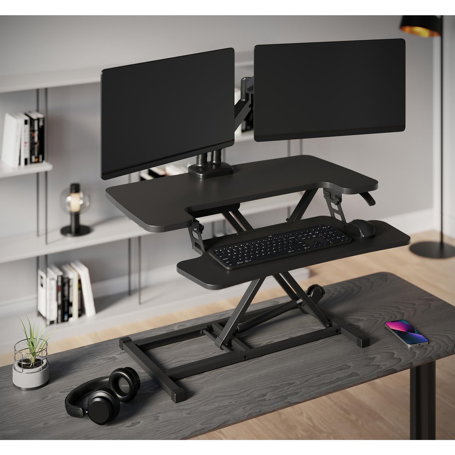Realspace® P10 Pneumatic Standing Desk Riser Converter with Keyboard Tray, 20"H x 31-1/2"W x 25"D, Black