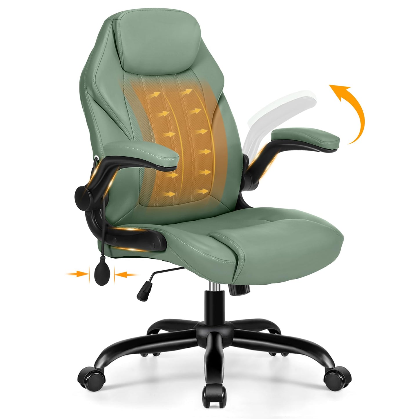Ylzyxal Office Desk Chair, Ergonomic Computer Chair with Padded Flip-Up Arms and Adjustable Lumbar Support, PU Leather Executive Chair with Tilt Lock and 360° Swivel Rolling Wheels for Work, Study