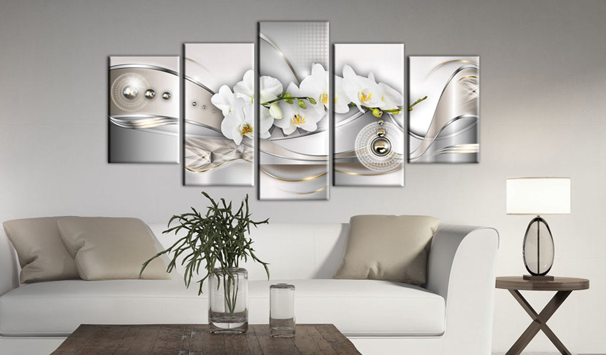 Vibrant Flower Pearl Orchids Canvas Wall Art Modern Decor 5 Pieces Print Painting White Floral HD Picture Bedroom Living Room Framed Ready to Hang