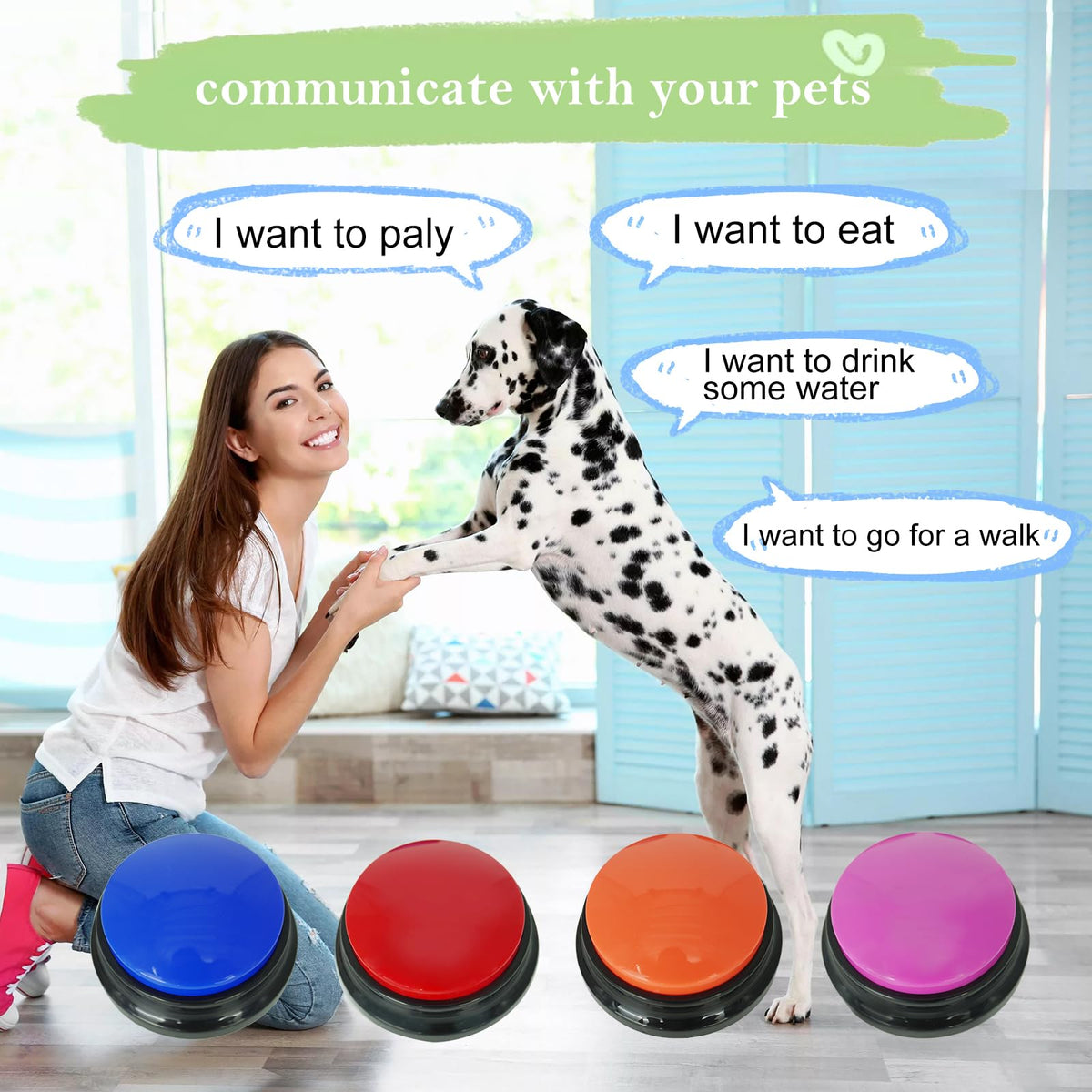 Gelabur Set of 4 Dog Buttons for Communication, Voice Recordable Buttons for Classroom, Dog Training Talking Buttons Starter Set, Pet Easy Speaking Buttons Tools