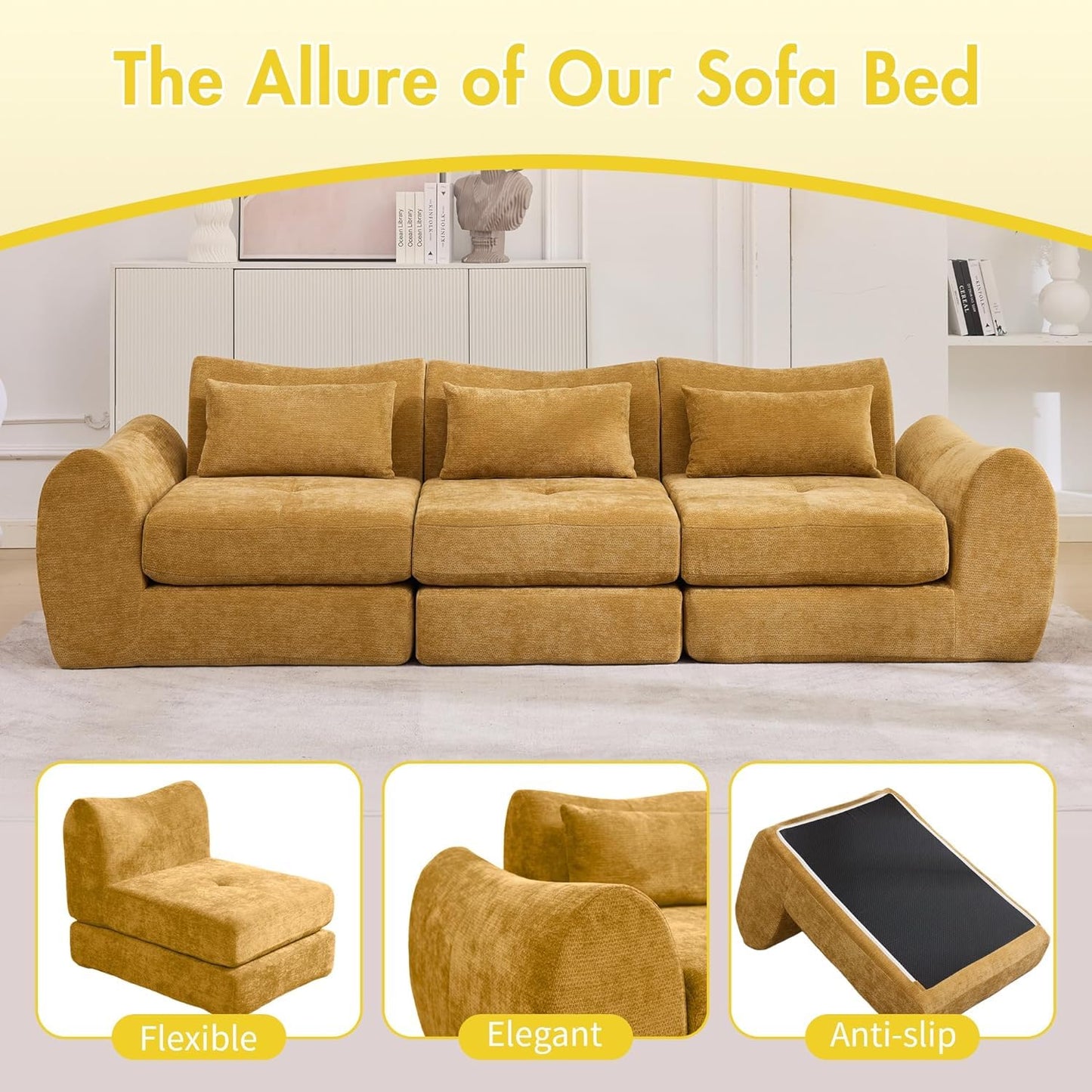 102" Modular Sectional Boneless Couch for Living Room, Convertible Cloud Sofa Bed Couches with Upholstered Deep Seat, No Assembly Needed, Ideal for Small Space Apartment Playroom Bedroom Yellow