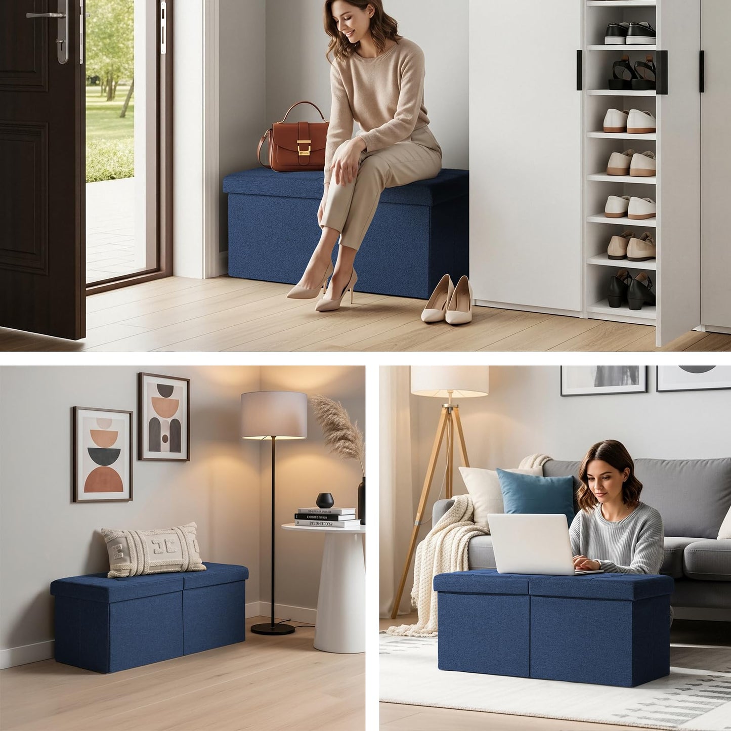 Snuvid 30-INCH Storage Ottoman Bench, Footrest with Storage, End of Bed Bench Coffee Table for Living Room, Bedroom, Entryway, Dark Blue