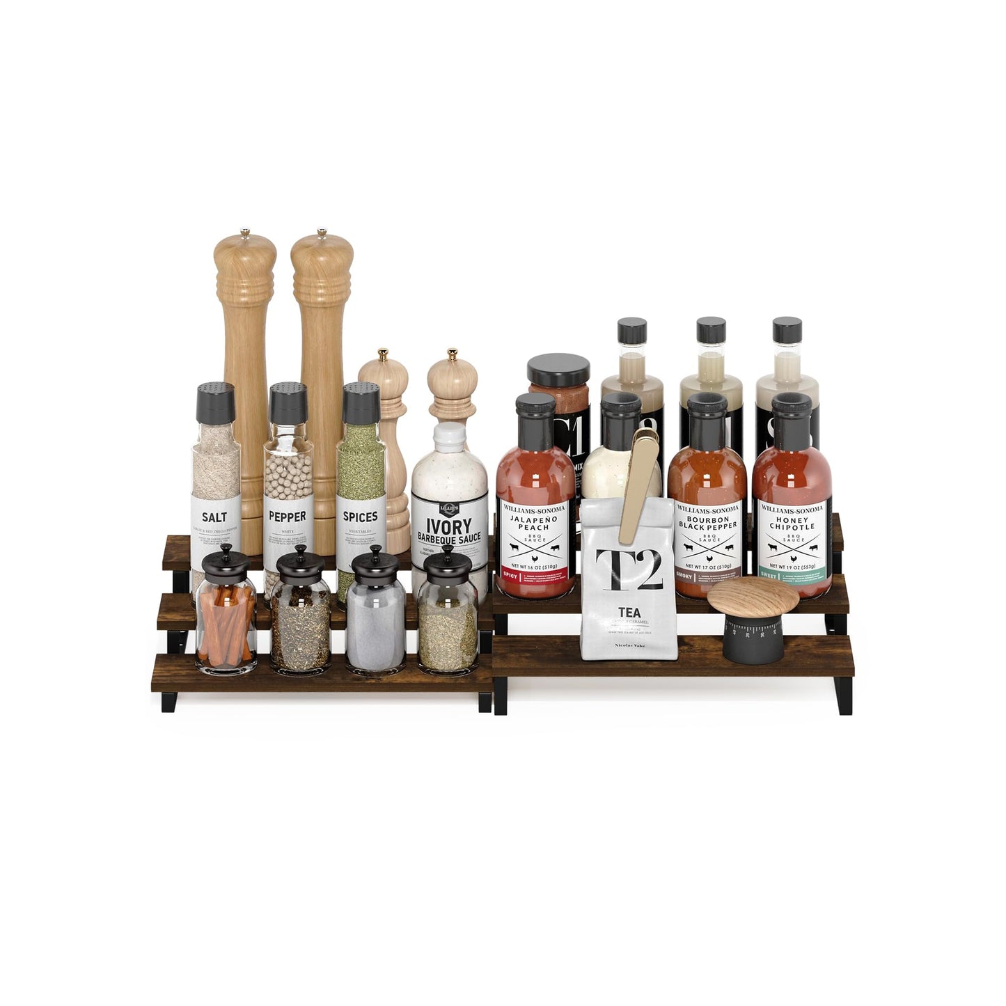 Furinno Ravel Expandable Kitchen Countertop Organizer Set of 2, 3-Tier Rustic Brown Counter Shelves, Kitchen Storage, Spice Rack, for Kitchen, Pantry, Coffee Bar, Amber Oak