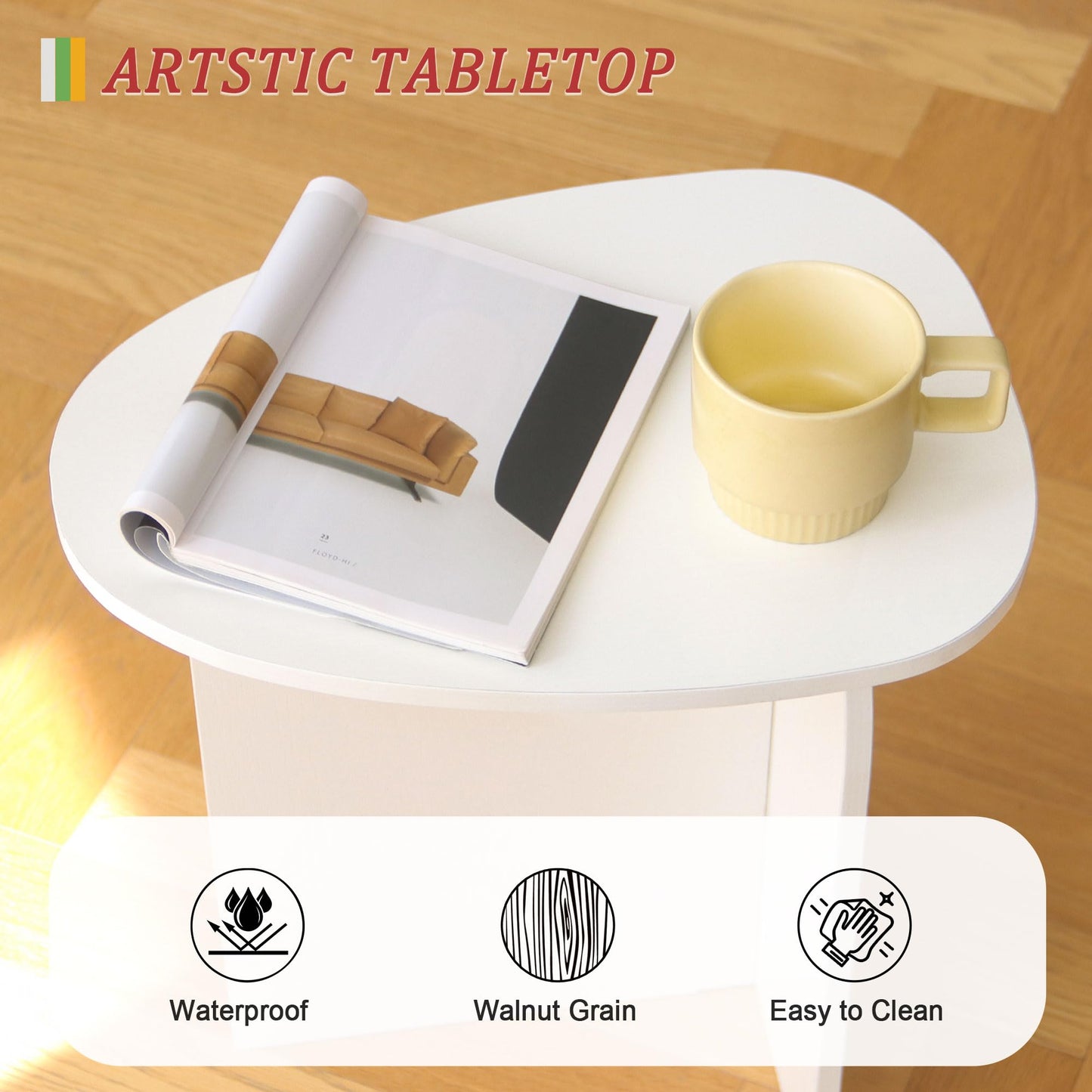 AWASEN White Side Table, Small Triangle End Table Living Room, Modern Accent Table with Unique Tabletop, Mini Bedside Table for Small Spaces, White