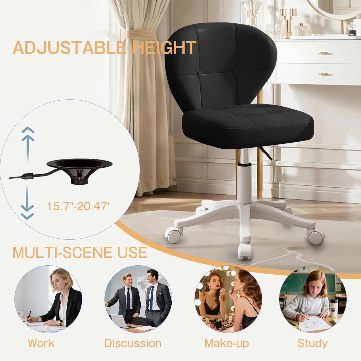 Timbertouch Small Office Chair with Lumbar Support, PU Leather Armless Swivel Desk Chair Adjustable Height, Compact Rolling Chair for Home Office, Bedroom, Study (Black)