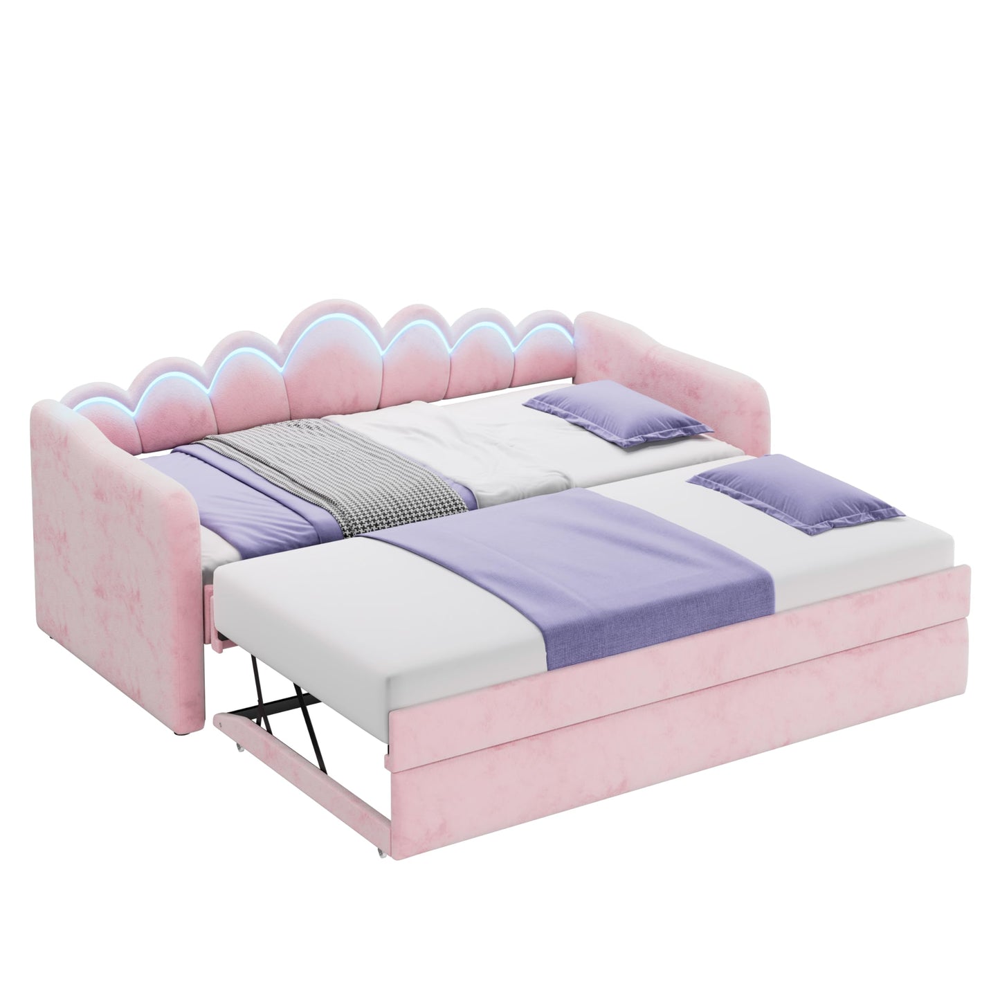 QVUUOU Upholstered Twin XL Daybed with LED Light and Trundle, Pink - Cozy Comfort with Pull-Out Guest Bed