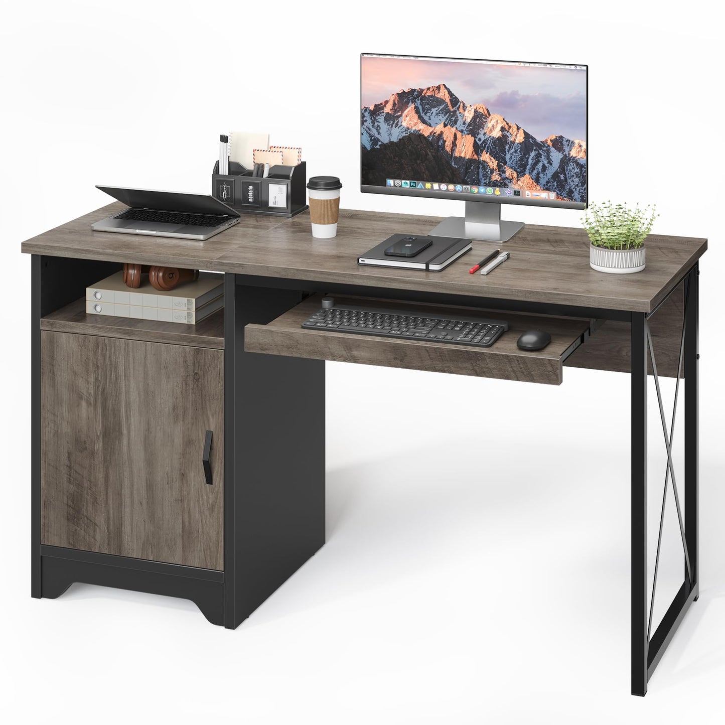 Bestier Office Desk with Keyboard Tray, Industrial Computer Desk with Storage, Reversible Executive Desk with File Cabinet for Home Office Bedroom, 47 inch Grey