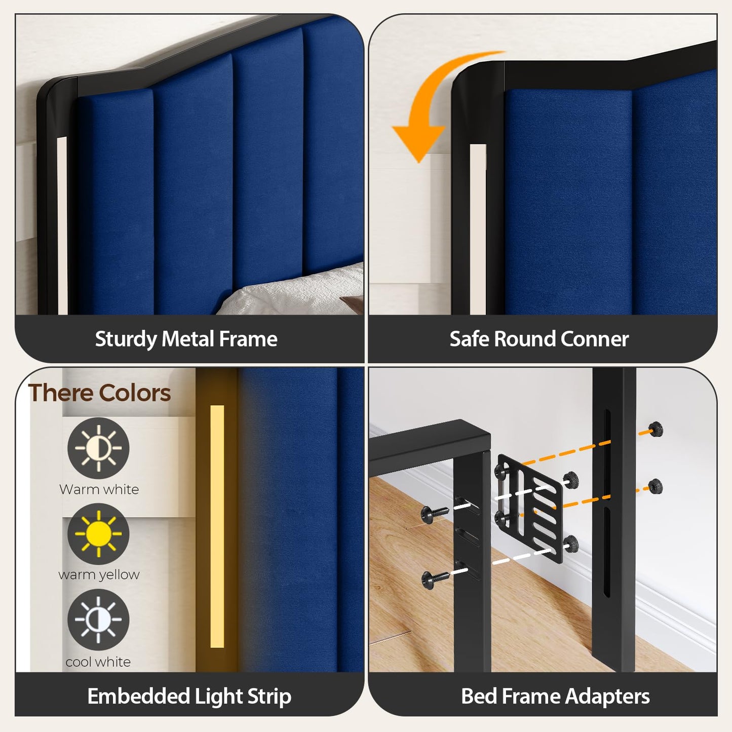 Salamir Headboard for Queen Size Bed with LED Lights, Upholstered Vertical Channel Tufting Head Boards, Velvet Headboard Only, Attach Frame, Ideal for Bedroom, Dorm, Guest Room, Blue