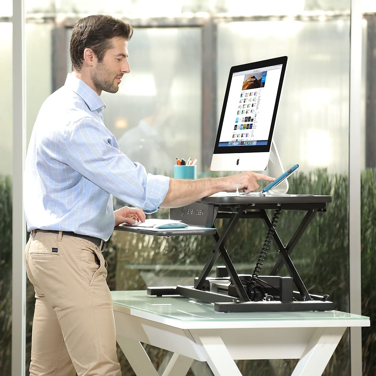 VERSADESK PowerPro 36” x 24” Standing Desk Converter | 7.75” - 23.5” Electric Height Adjustable Sit to Stand Desk Riser w/Keyboard Tray & USB Hub - Ergonomic Workstation for Home & Office, Black