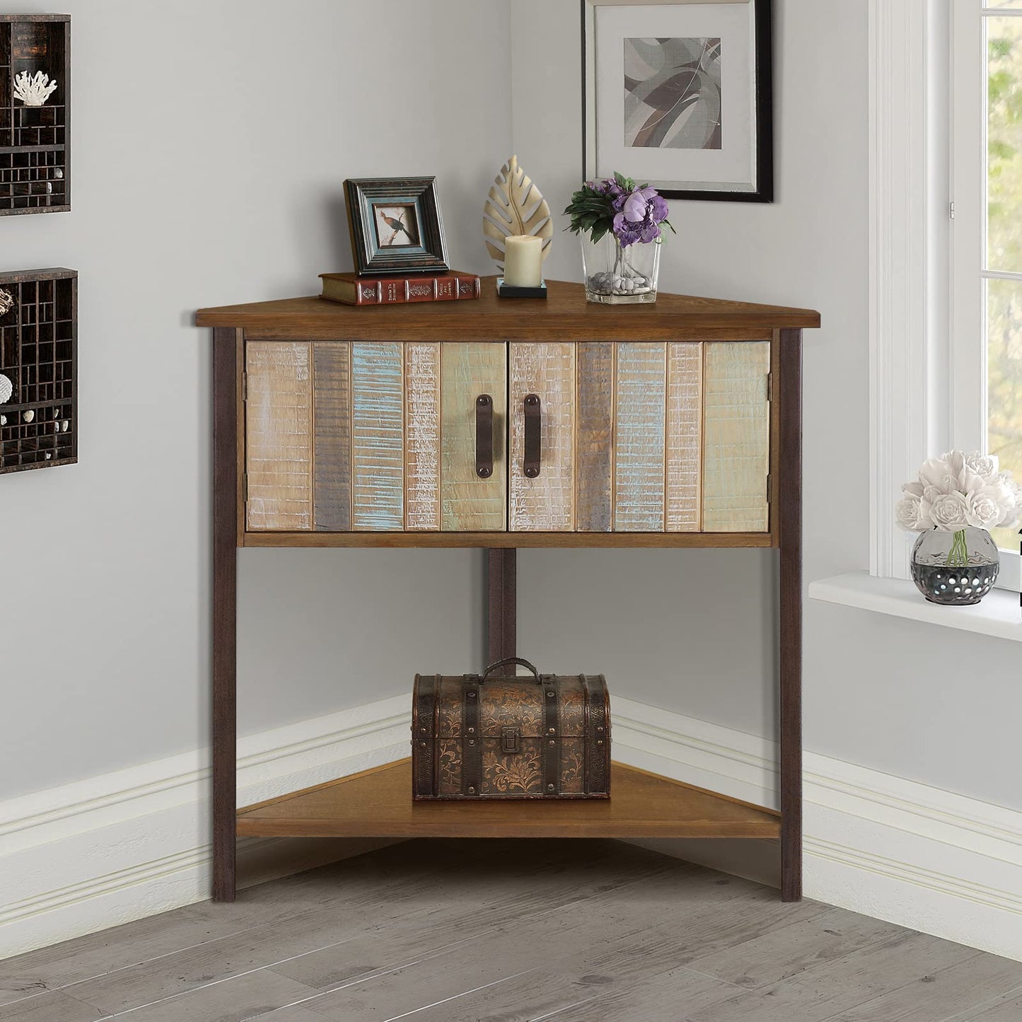 Giofanzo Solid Wood Corner Cabinet with Storage - Entryway Cabinet with Storage, Small Space Solution for Living Room, Apartment, Rustic Cabin Style Accent Table (Natural Blue)