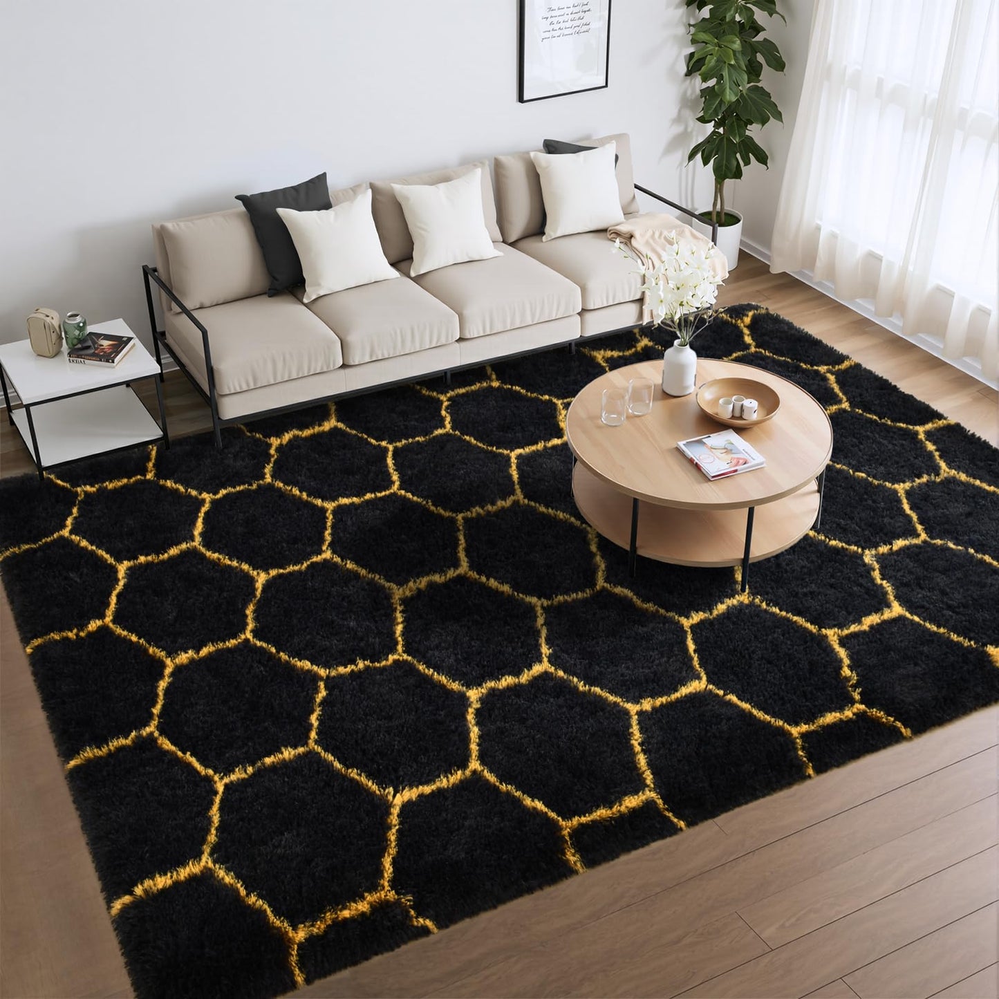 Meralax Hexagon Gold/Black Rugs for Living Room Bedroom, 4x6 Soft Area Rug Fluffy Shaggy Bedside Rug, Machine Washable Indoor Floor Carpet for Kids Boys, Dorms, Nursery Rooms, Home Decor Aesthetic