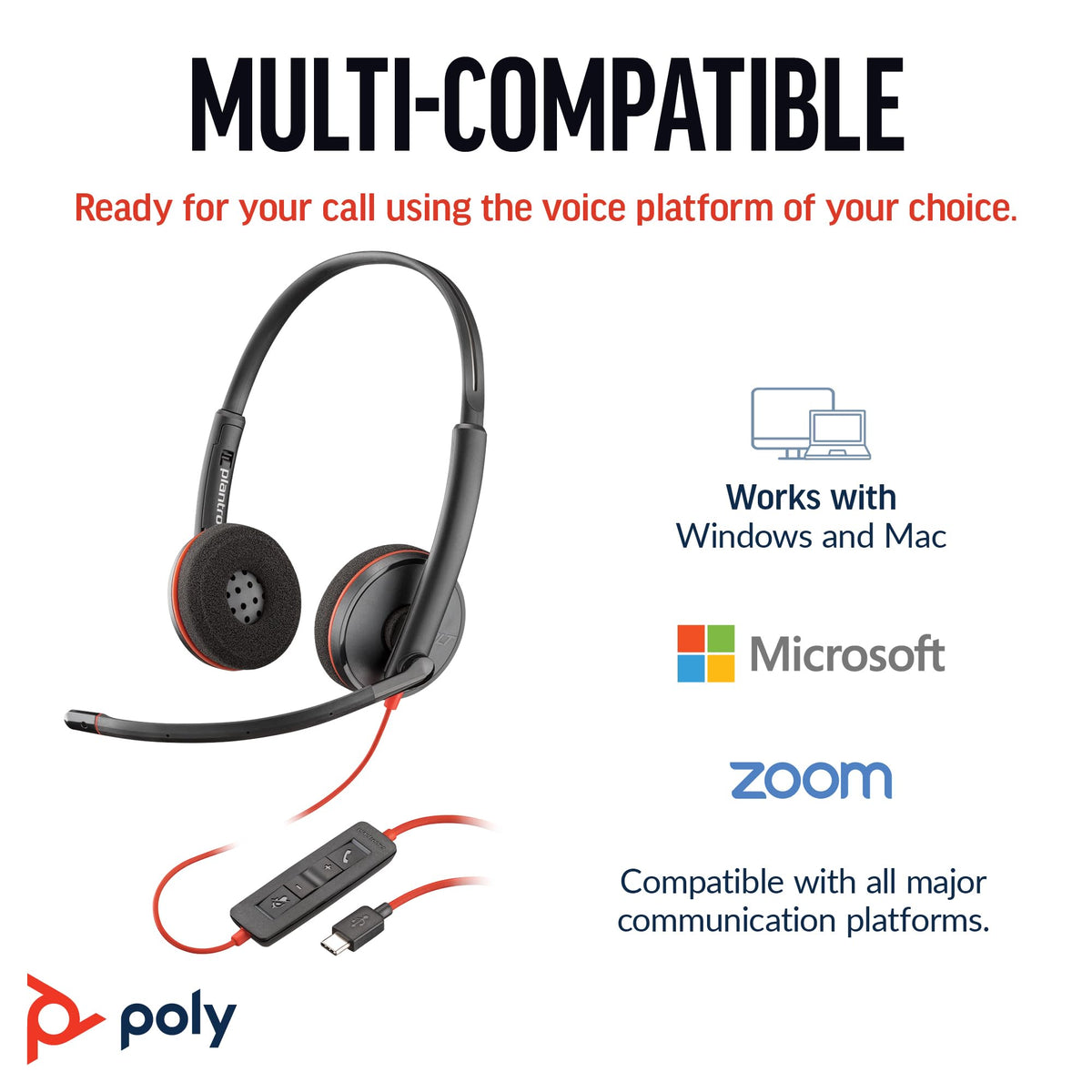 Poly Blackwire 3220 Wired Headset with Mic, Hi-Fi Stereo Sound, Noise-Canceling Mic, Stereo Design, Connect to PC via USB-C & USB-A Adapter, Over-Ear Design, Works with Virtual Meeting Platforms