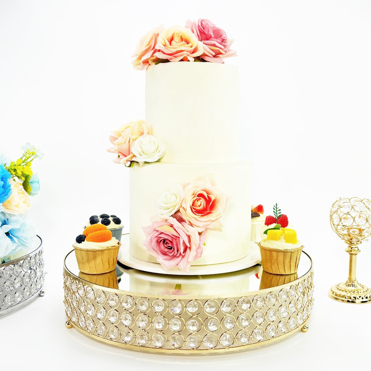 FEICTPOX Metal Cake Stand with Mirror Top Plate Beaded Crystal Display Cake Pedestal,Baking Party Supplies Centerpiece,Gold 16 Inch