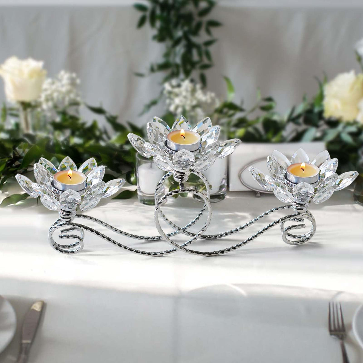 2Pcs Siver Kehail Crystal Metal Tea Light Candle Holder Set, 3-Arm Flower Shaped Crystal Votive Candlestick Holders for Table Centerpiece, Wedding Shower, Party and Home Decor