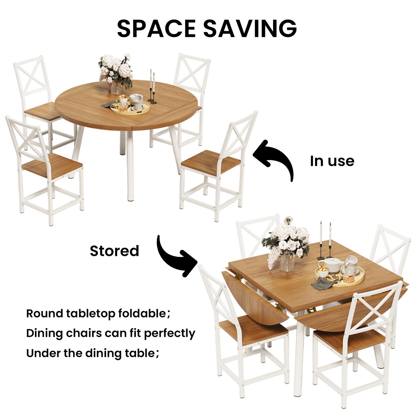 IRONCK Round Dining Table Set for 4, Extendable Kitchen Table with 4 Chairs, 44.5" Drop Leaf Desk, Folding for Small Space, Apartment, Natural Wood