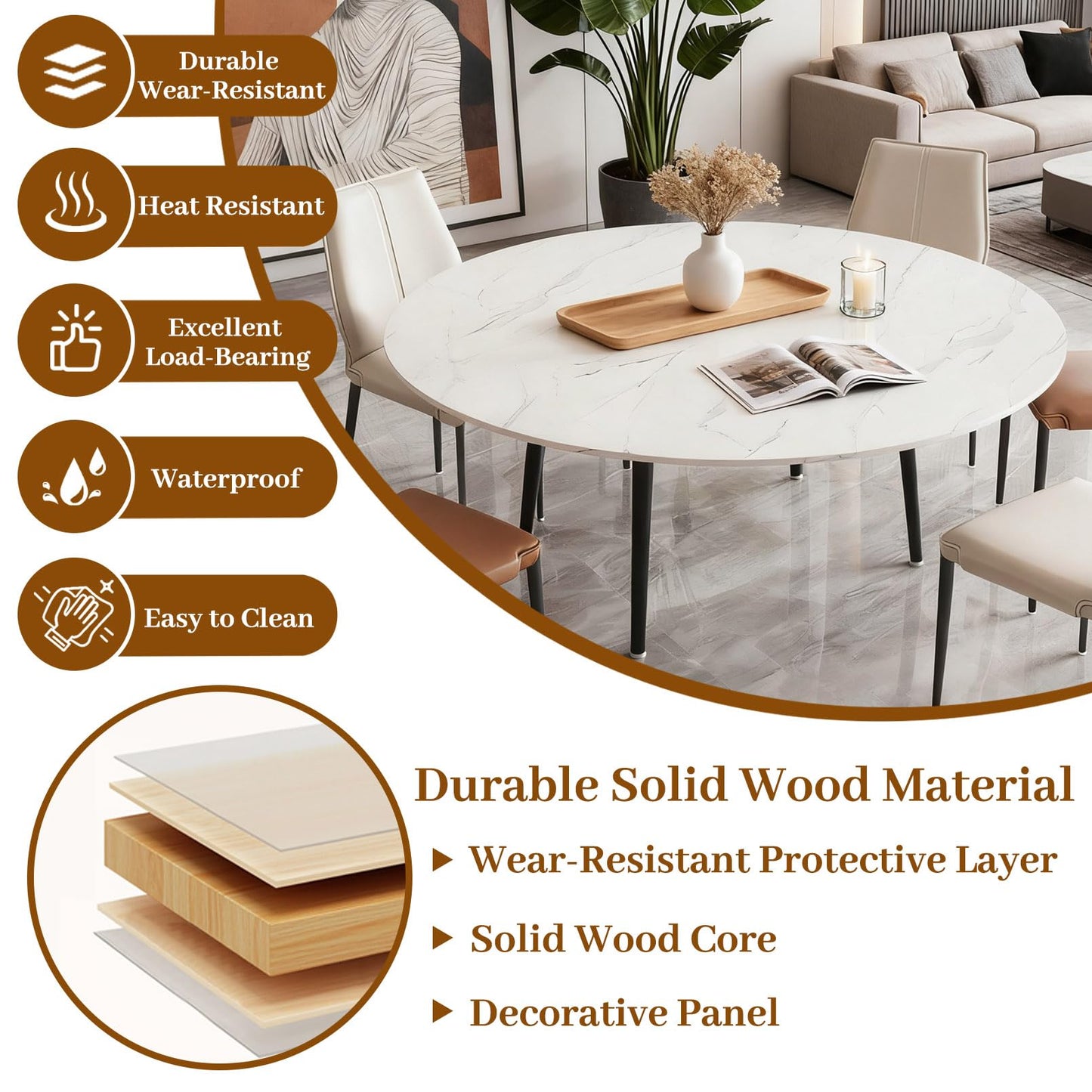 Wood Round Foldable Table Top Only Large Portable Tabletop for Desktop Transformation 47 51 55 59 63 71 inch 4-Fold Folding Round Table Top Extender Space Saving for Family Dinners(White Marble,59")
