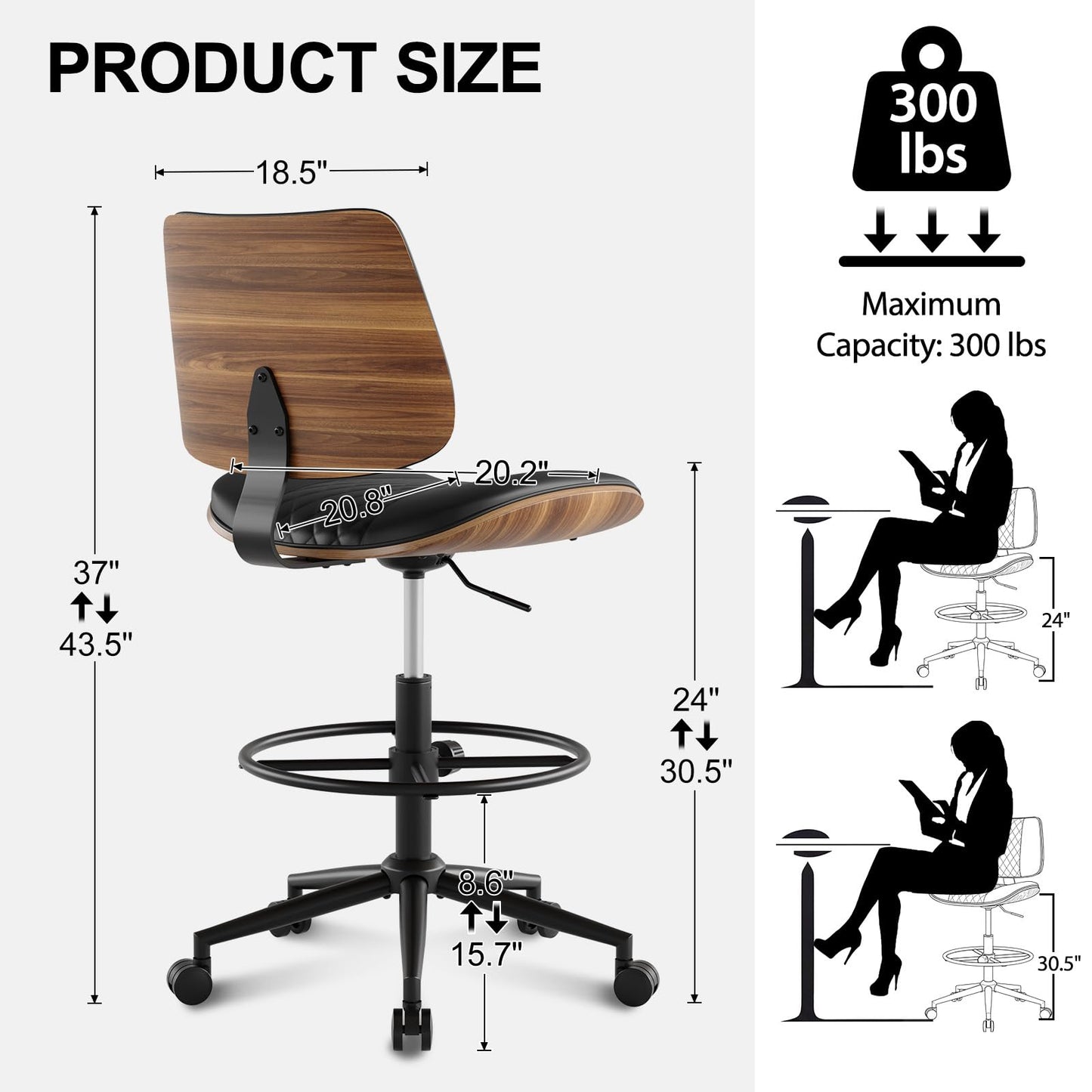 BERYTH Drafting Chair with Adjustable Footrest, Armless Modern Tall Office Chair for Standing Desk, PU Leather Swivel Stool in Curved Bentwood Style, Ergonomic Rolling Walnut Chair for Office(Black)