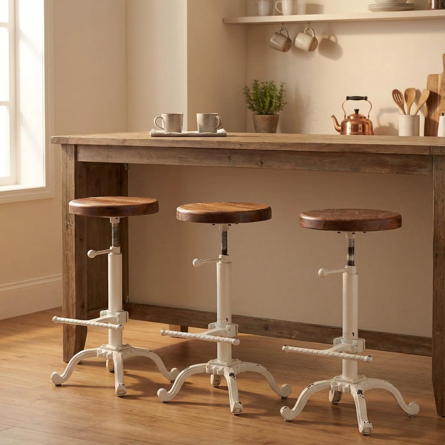 Topower Industrial Retro Vintage Farm Wooden Tractor Stool Kitchen Swivel Height Adjustable bar Stool (Antique White)