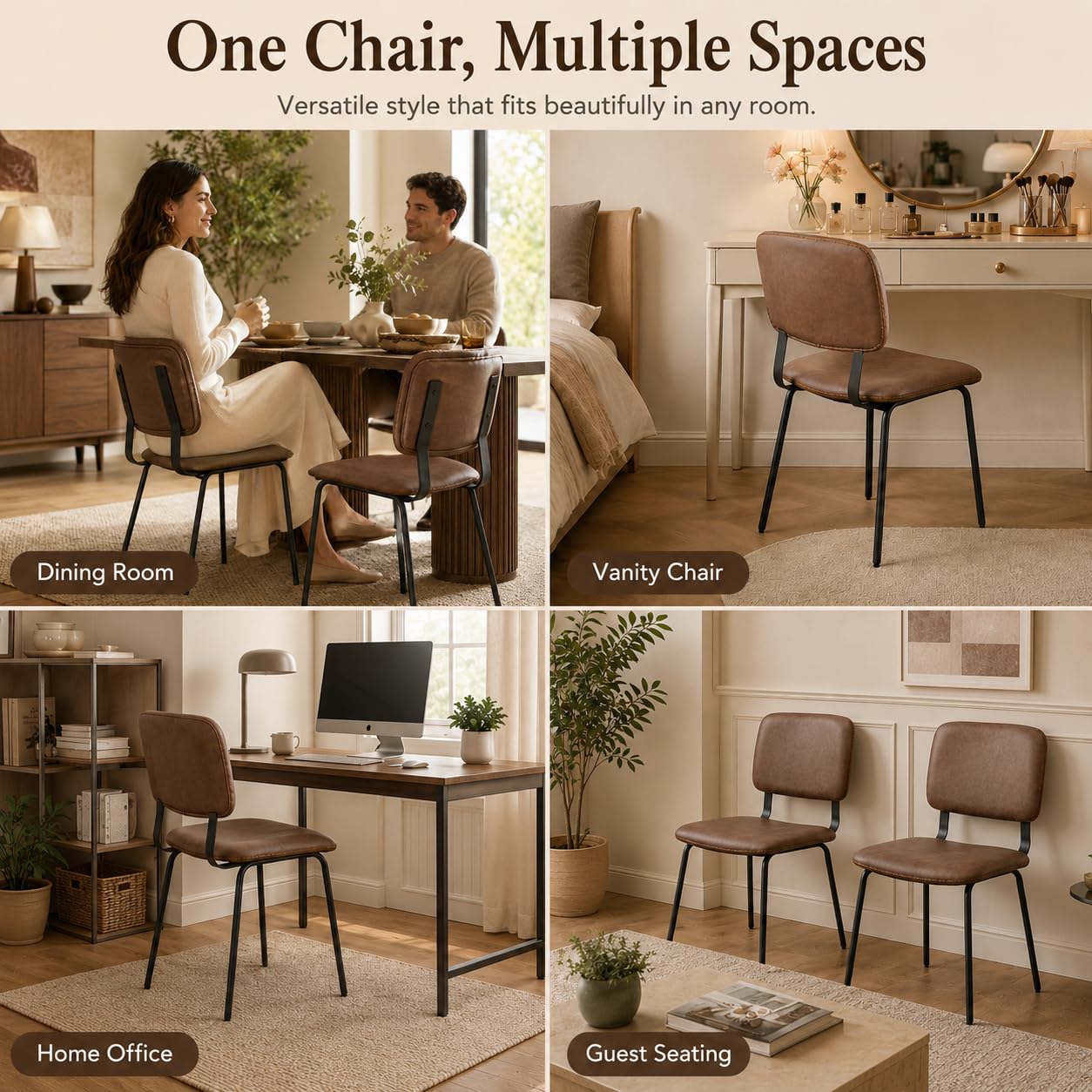 OrvieraSol Brown Dining Chairs Set of 2, PU Leather Upholstered Kitchen Chairs with Padded Seat and Back, Modern Armless Side Chairs with Black Metal Legs for Dining Room, Vanity, Living Room