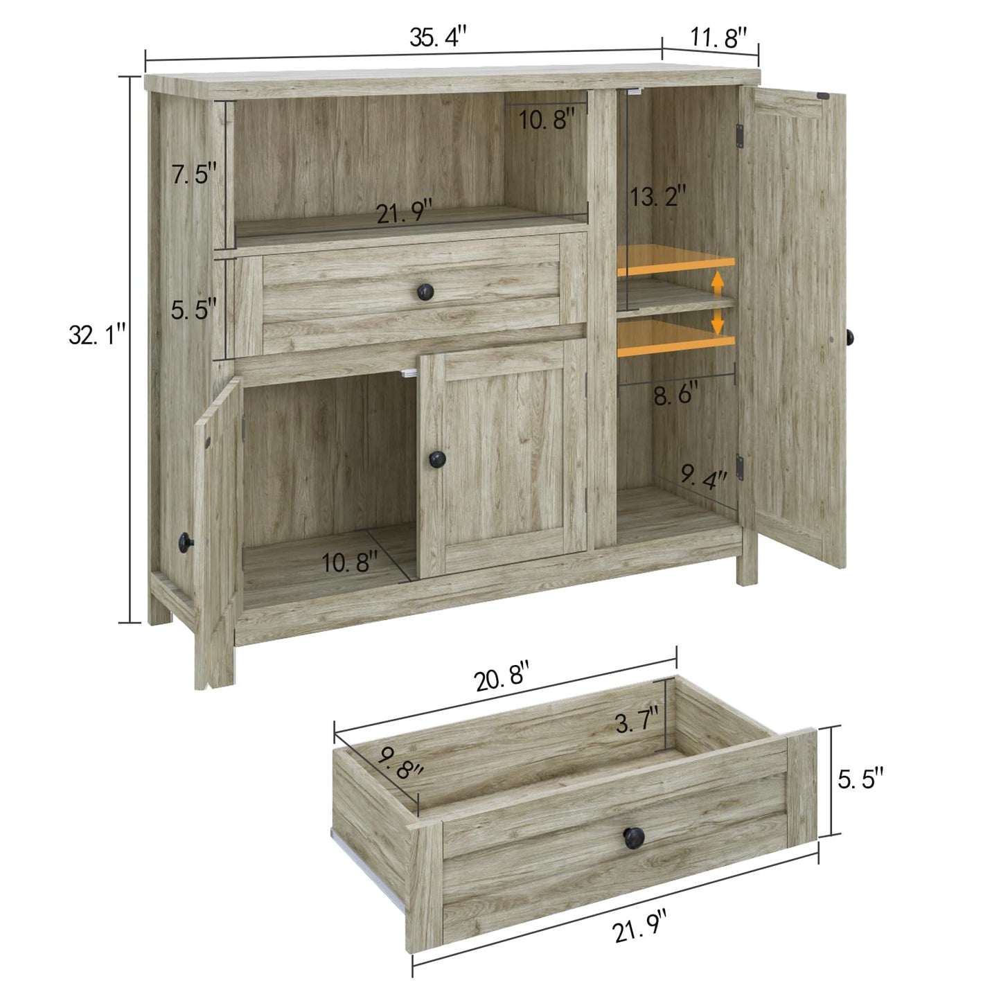 Viaozutis Coffee Bar Cabinet with Doors and Drawer, 35.4" Kitchen Storage Cabinet with Adjustable Shelf, Freestanding Buffet Sideboard for Dining Room, Bathroom, Entryway（Grey）