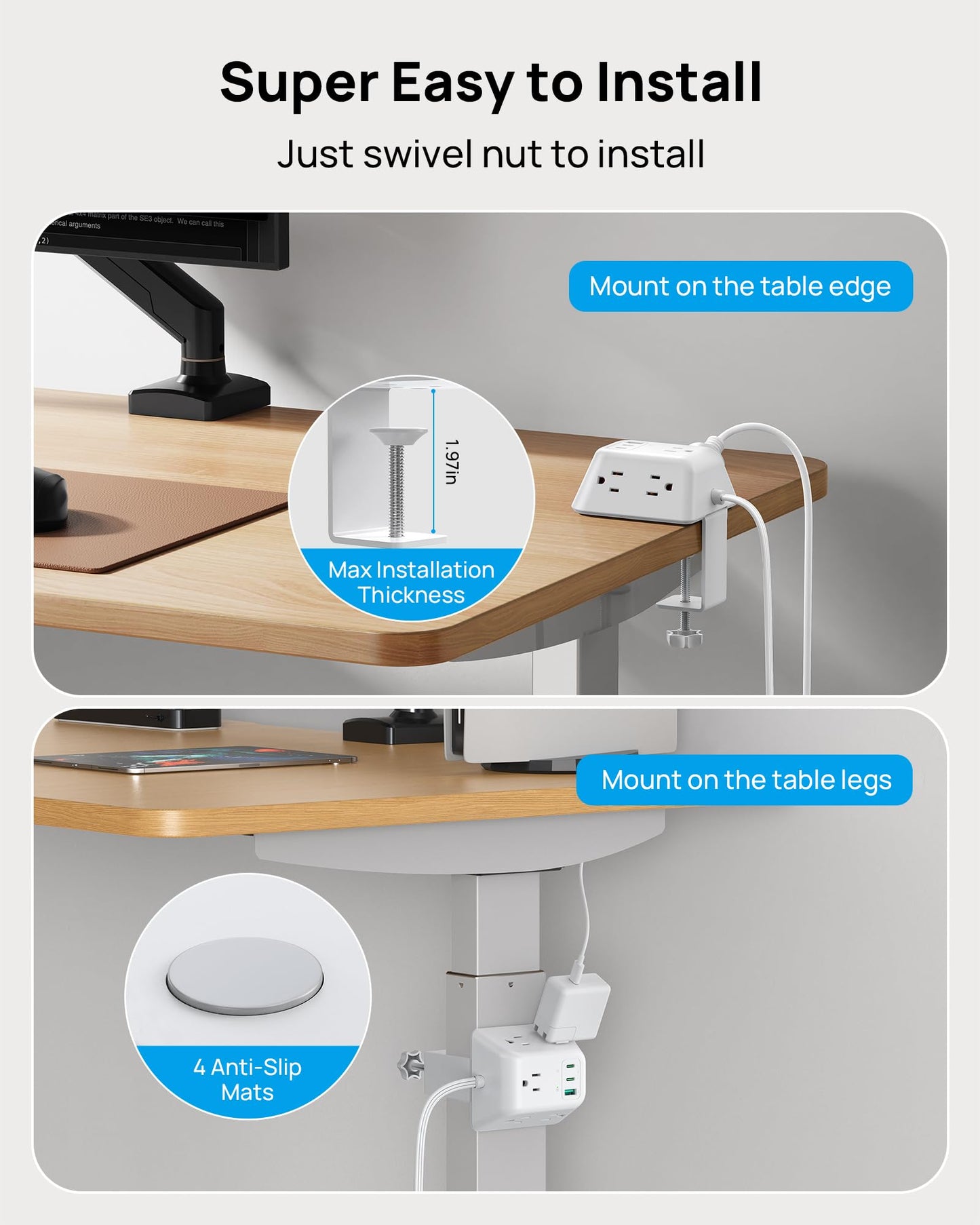 TROND Desk Clamp Power Strip with USB C PD 20W, Desktop Charging Station with 5 AC Outlets, 1440J Surge Protector, Fit 1.97in Tabletop Edge Thick, Extension Cord 6ft for Home Office Essentials, White