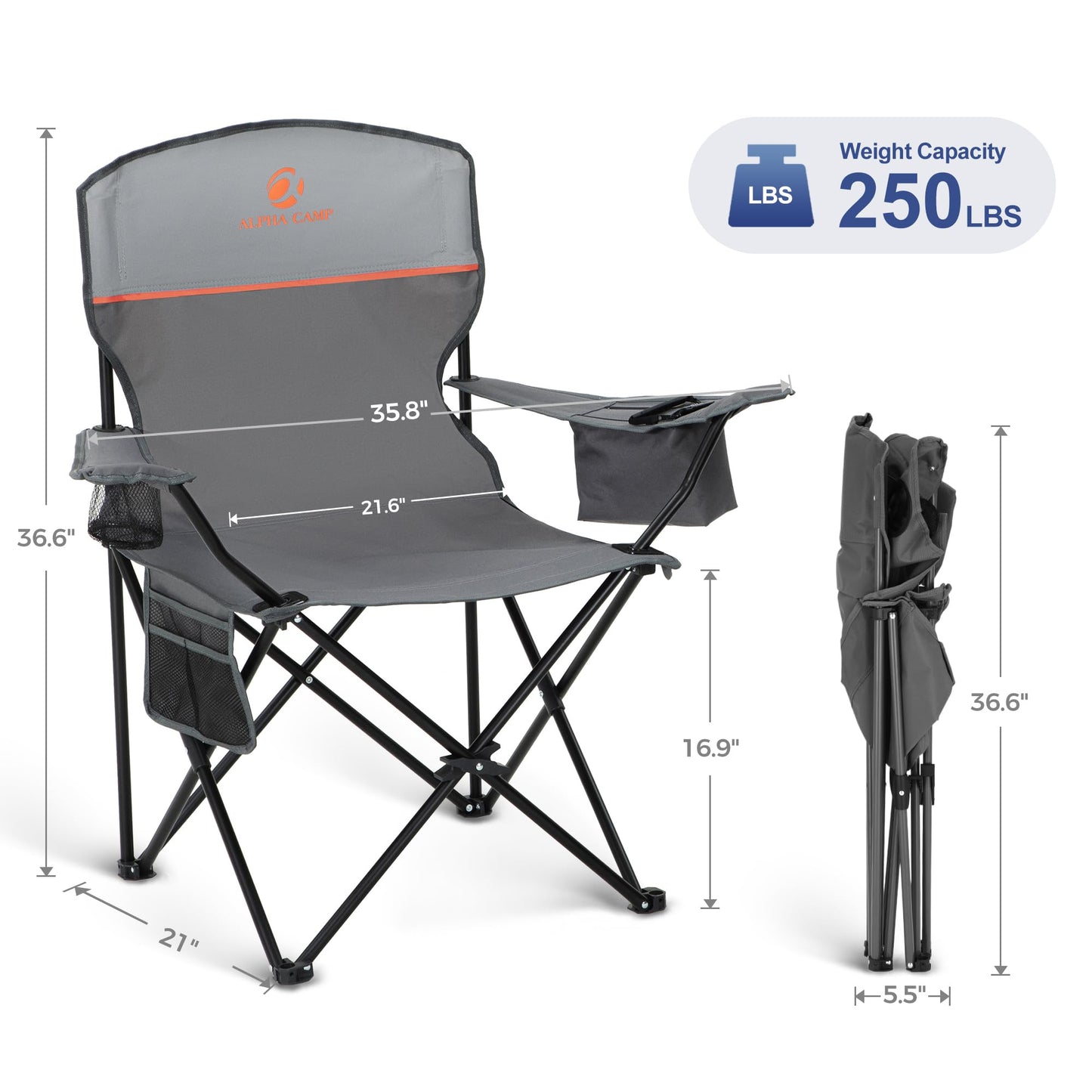 LET'S CAMP Camping Chair 2 Pack Folding Chair with 4-Can Cooler Bag Portable Lawn Chair with Cup Holder,Storage Pocket, Supports 250LBS, Collapsible Chair for Camp, Beach, Picnic (Grey)