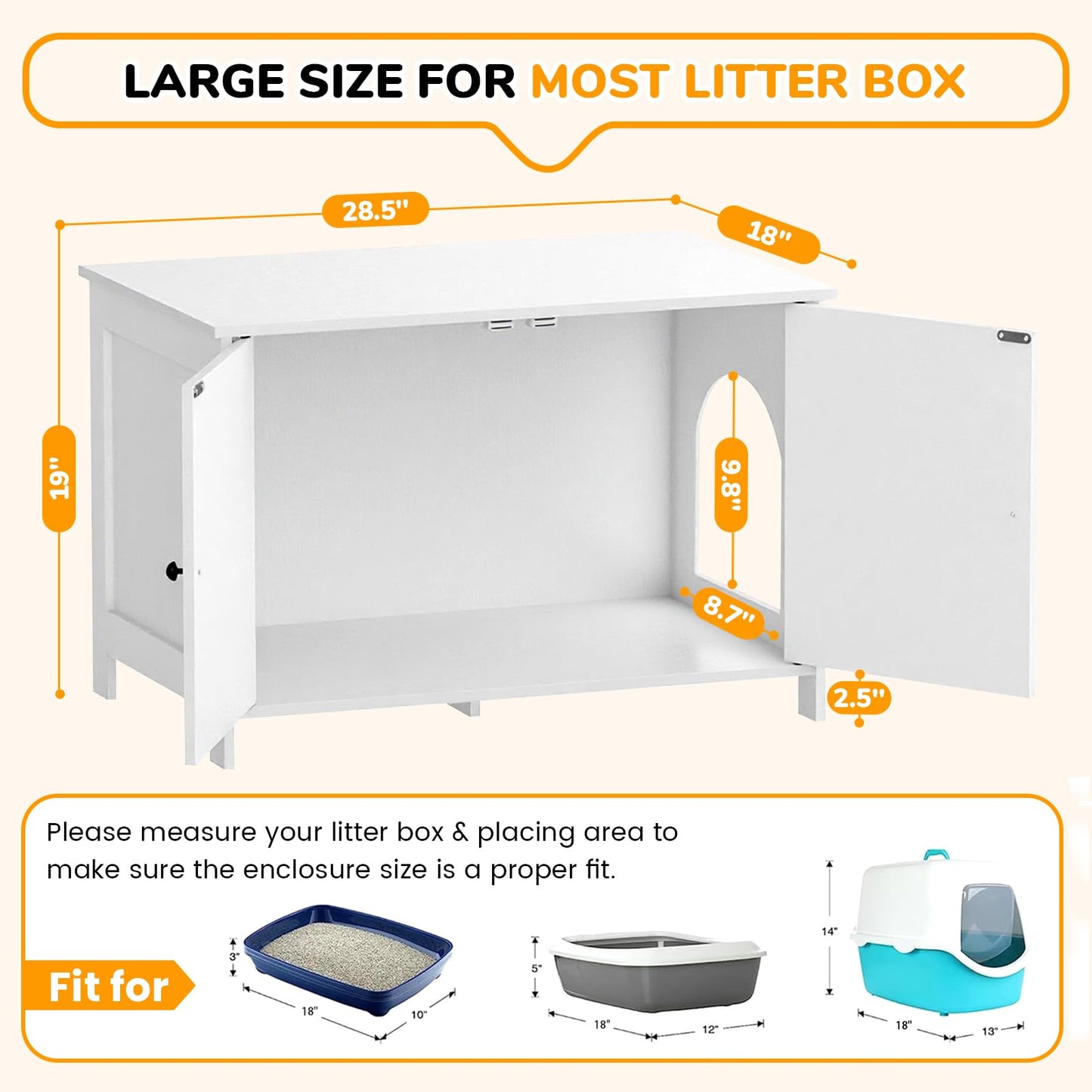 Fecuria Cat Litter Box Enclosure Furniture Dog Proof, Hidden Kitty Washroom Cabinet Low Entry, Wooden Cat Boxes Enclosure Odor Control for Home, Farmhouse Style Decorative TV Stand with Storage, White