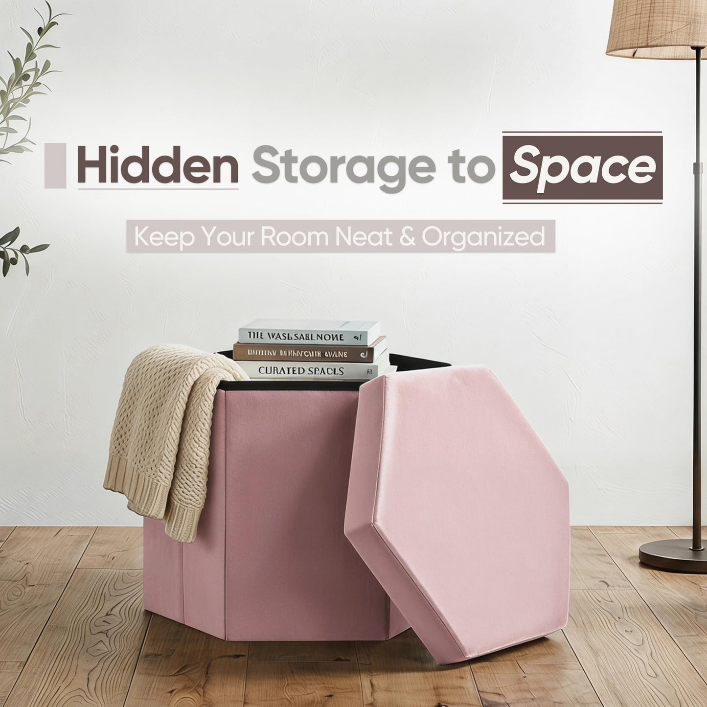 ZOLANOful Hexagon Storage Ottoman for Small Spaces, Velvet Accent Footstool with Hidden Storage, Foldable Ottoman Seat for Living Room, Bedroom, Dorm & Entryway, Blush Pink, 15 x 16.9 x 15 Inch