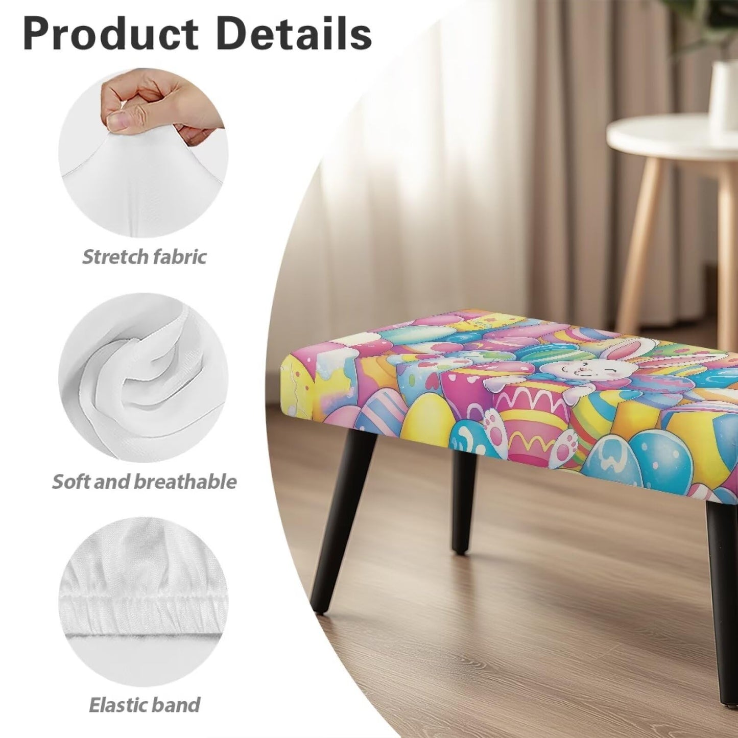 Cugasmaru Dining Bench Slipcover Pink Seat Cushion Protector Non Slip Stretch Dining Bench Cover for Living Room Kitchen Easter Bunny Decor