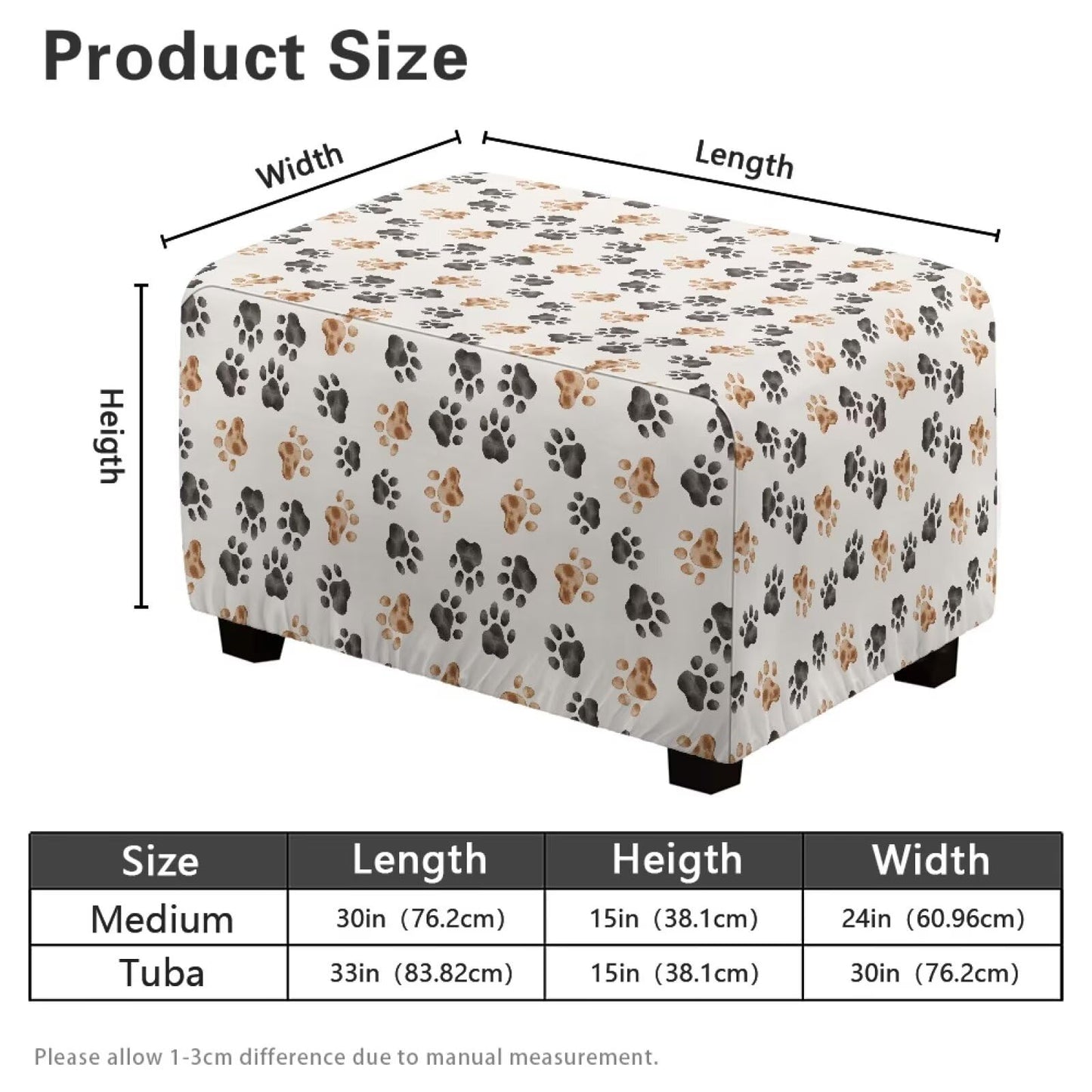 Cugasmaru Ottoman Cover Rectangle Pet Paw Print Ottoman Slip Cover with Pattern Small Bench Covers Slipcover Rectangle Furniture Protector with Elastic Bottom for Living Room Decor
