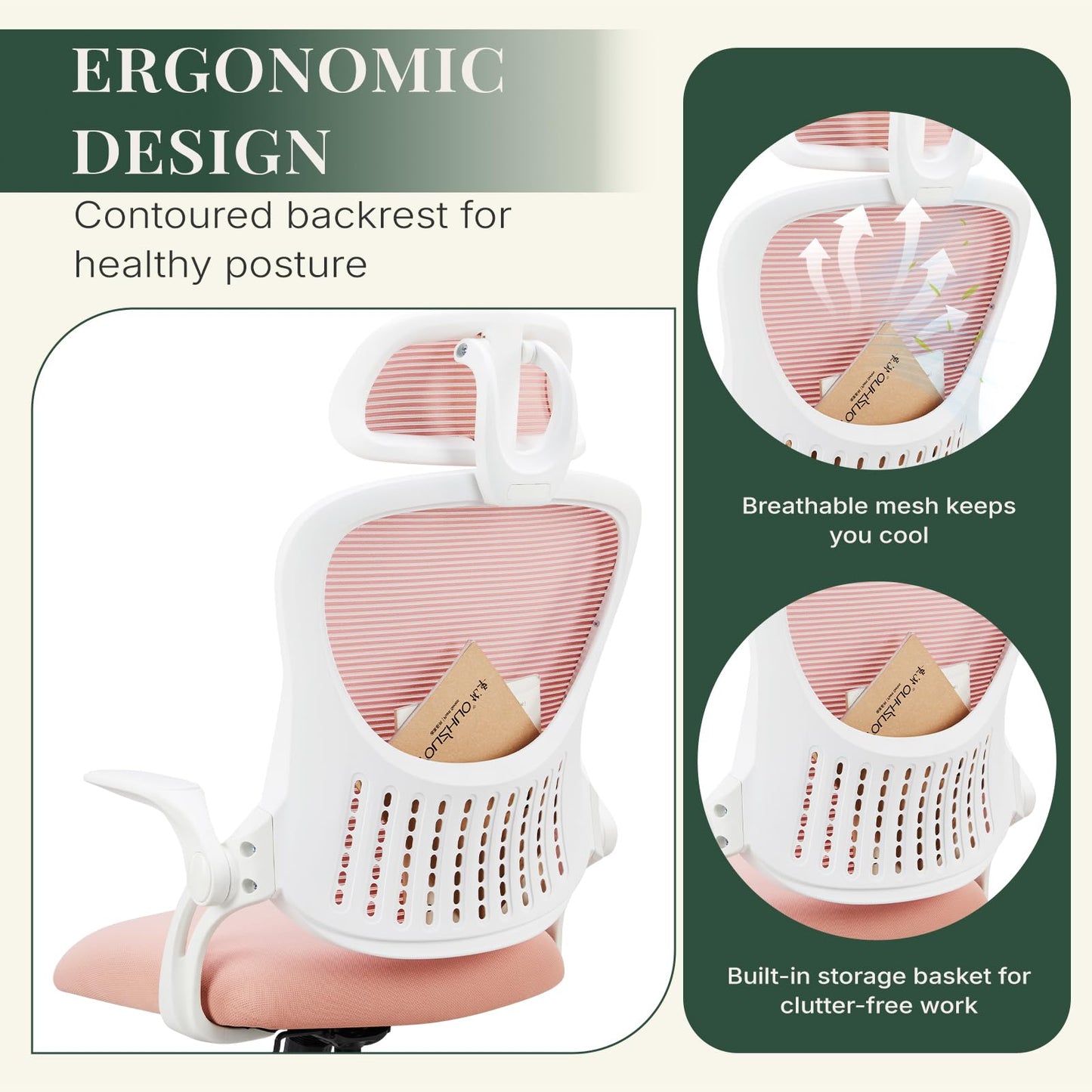 HAPPYMONT Ergonomic Office Chair, Comfy Desk Chair with Wheels, Adjustable Headrests, Flip-Up Armrests, Breathable Mesh High-Back, Comfortable Swivel Seating for Home Computer, Pink