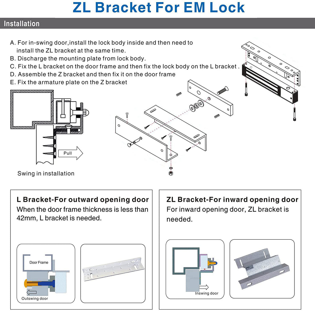 Electromagnetic Lock with Z and L Bracket 1200LBS 500KG Holding Force Electric Magnetic Door Lock 12V Fail Safe NC Mode for Access Control System