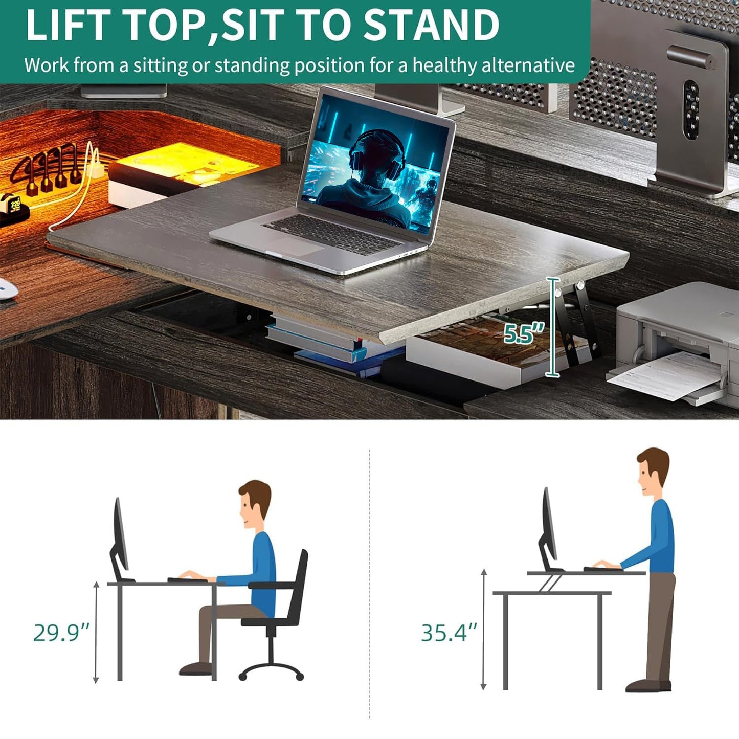 YITAHOME L Shaped Desk with Power Outlets & LED Lights, 60" Corner Computer Desk with Drawers & Lift Top, Home Office Desk with Monitor Stand & File Cabinet, Wood Height Adjustable Desk, Grey