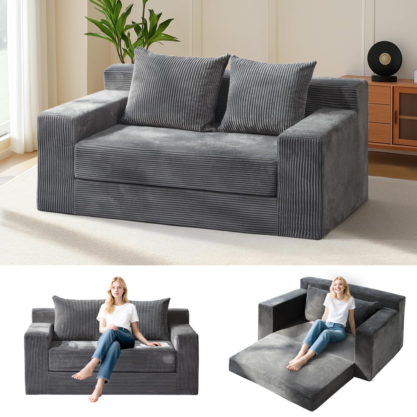 feliz home Convertible Sofa Bed, Boneless Couch Loveseat, 2 in 1 Folding Couch Bed, Fold Out Comfy Floor Futon Sofa with Pillows for Living Room Bedroom, Grey