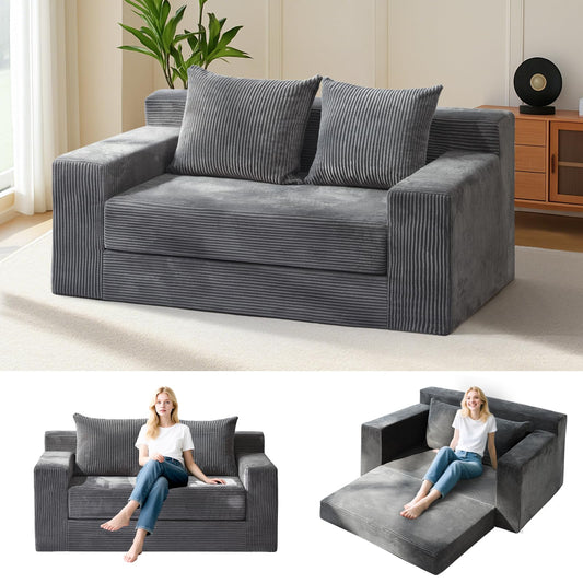 feliz home Convertible Sofa Bed, Boneless Couch Loveseat, 2 in 1 Folding Couch Bed, Fold Out Comfy Floor Futon Sofa with Pillows for Living Room Bedroom, Grey