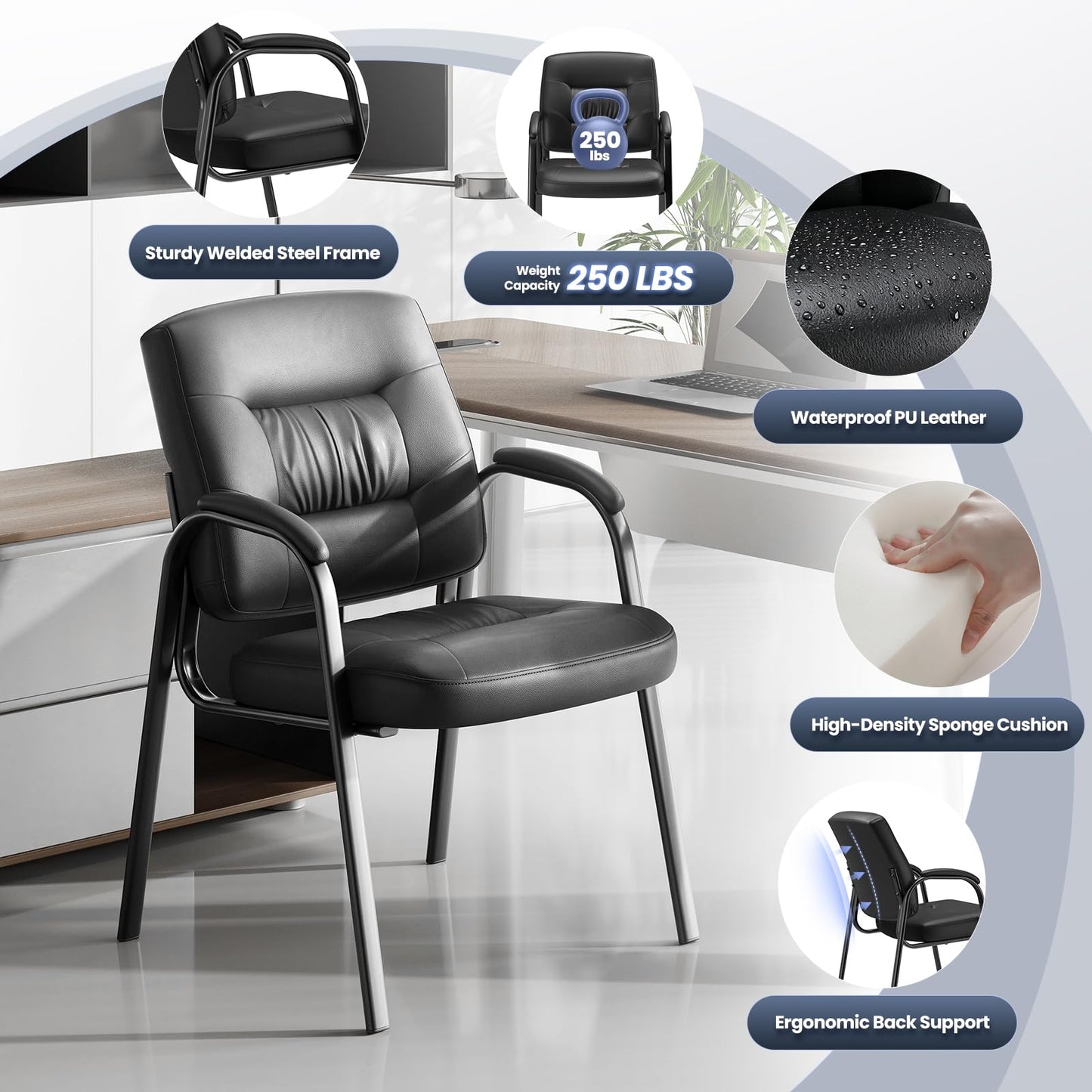 Modern Conference Room Chairs with Arms, PU Leather Padded Guest Chair with Welded Steel Frame, Ergonomic Office Reception Chair, 300LBS, Waterproof & Easy to Clean Black,Set of 8